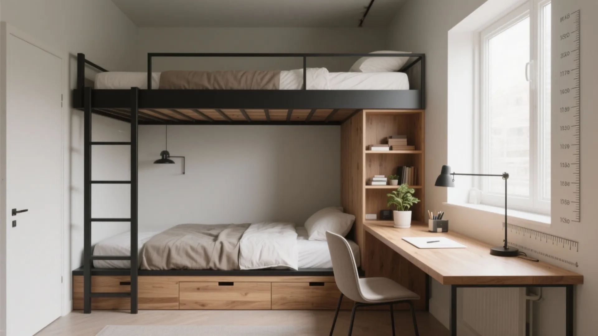 Black metal bunk bed with integrated wooden desk chair and shelves in white modern bedroom