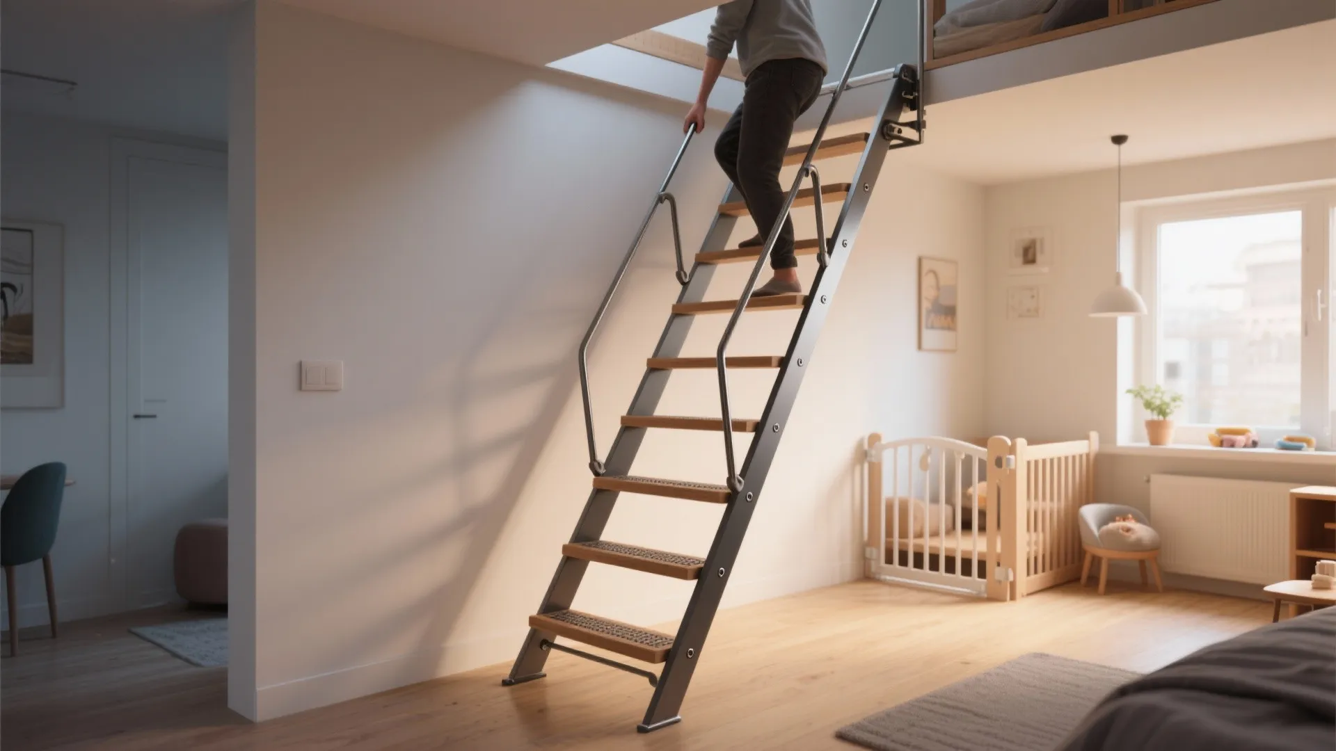 Person climbing a slim metal ladder in a children room with wood floor and sunlight
