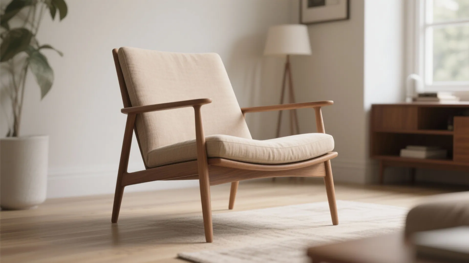 Comfortable wooden chair with beige cushions placed on wooden floor next to floor lamp plant