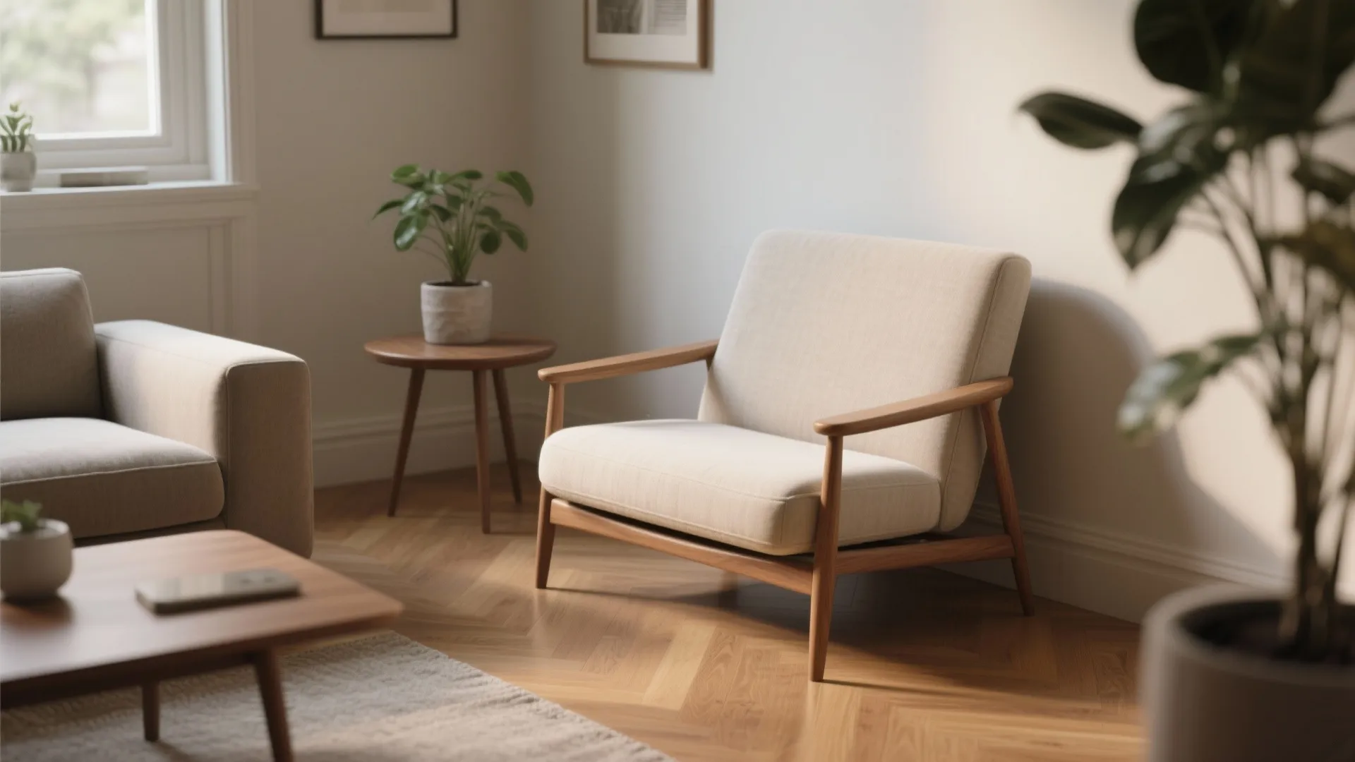 Low-profile slim lounge chair with tapered legs in a compact living room corner.