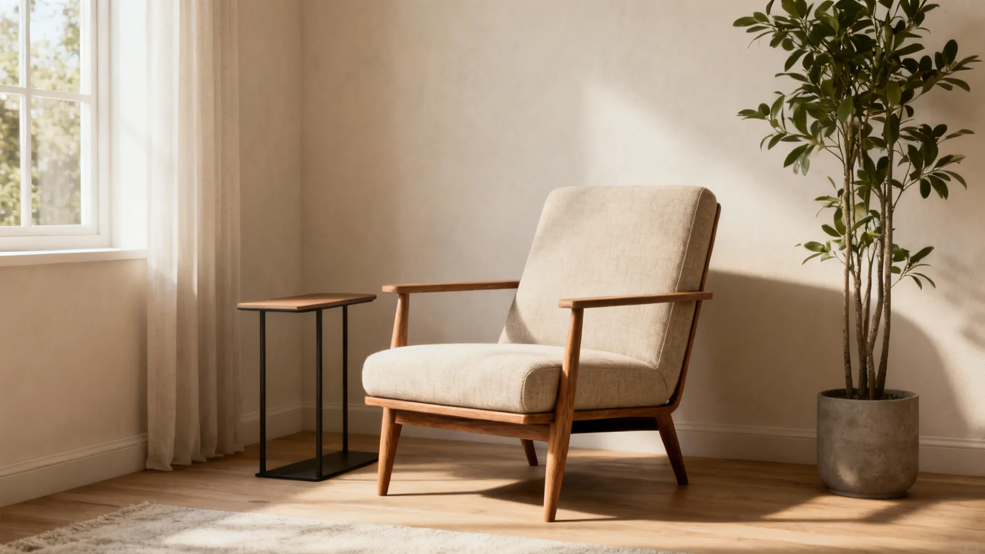 Slim profile lounge chair with tapered legs in a small living room corner near a plant and narrow side table.