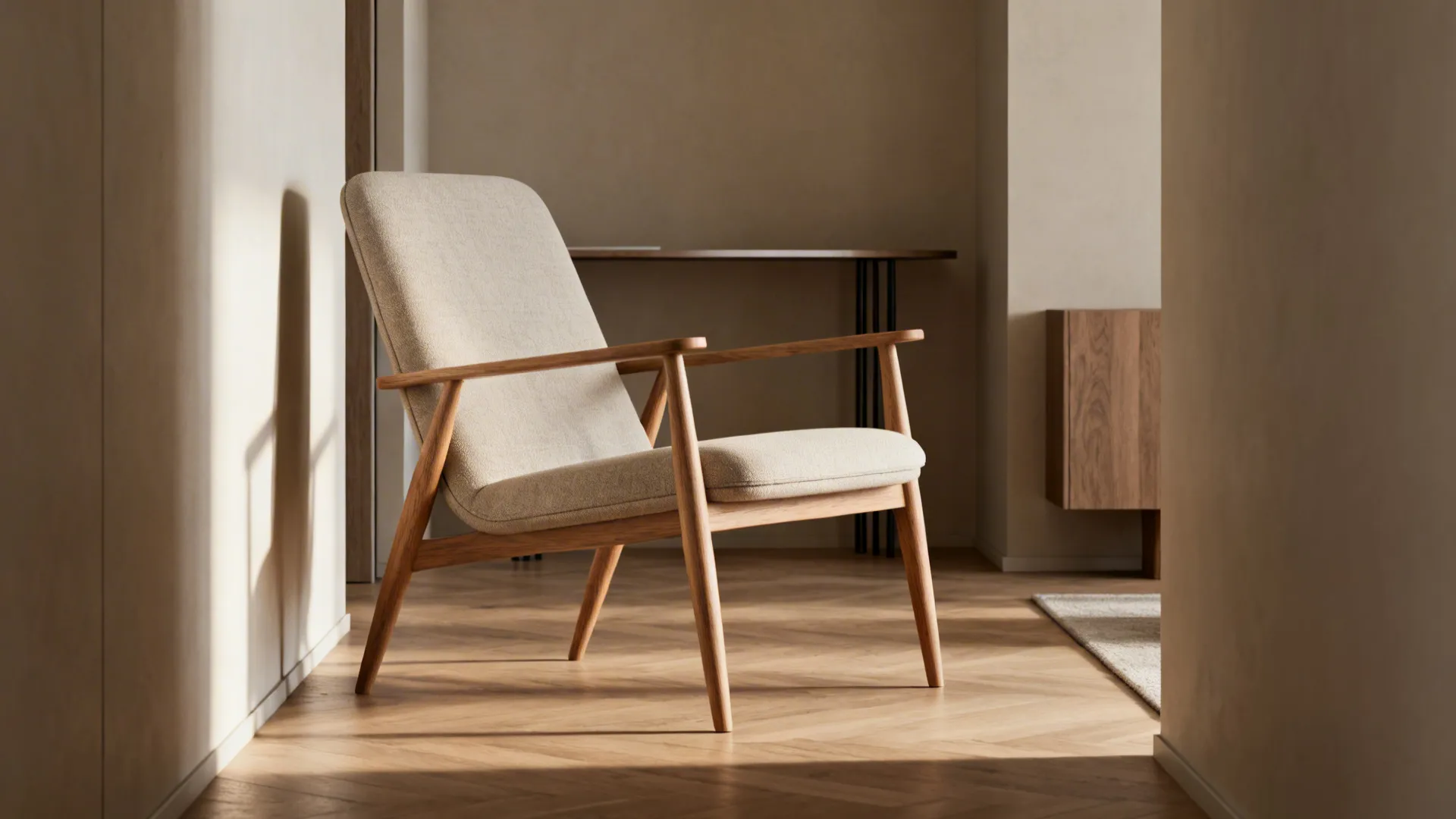 Slim-profile lounge chair with tapered legs in a narrow living room that preserves sightlines.