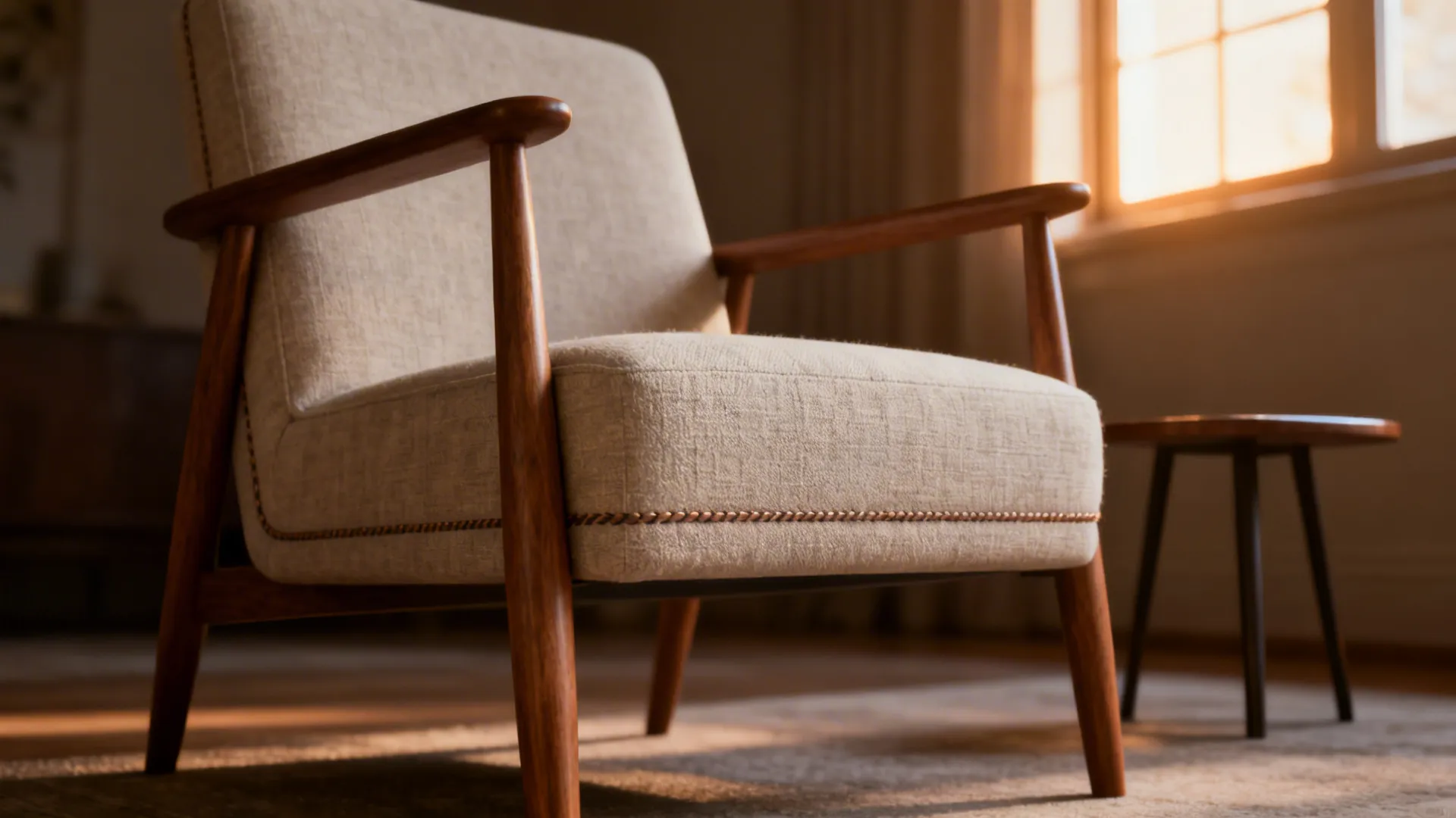 Close-up of a compact lounge chair with slim arms and tapered legs in light upholstery.