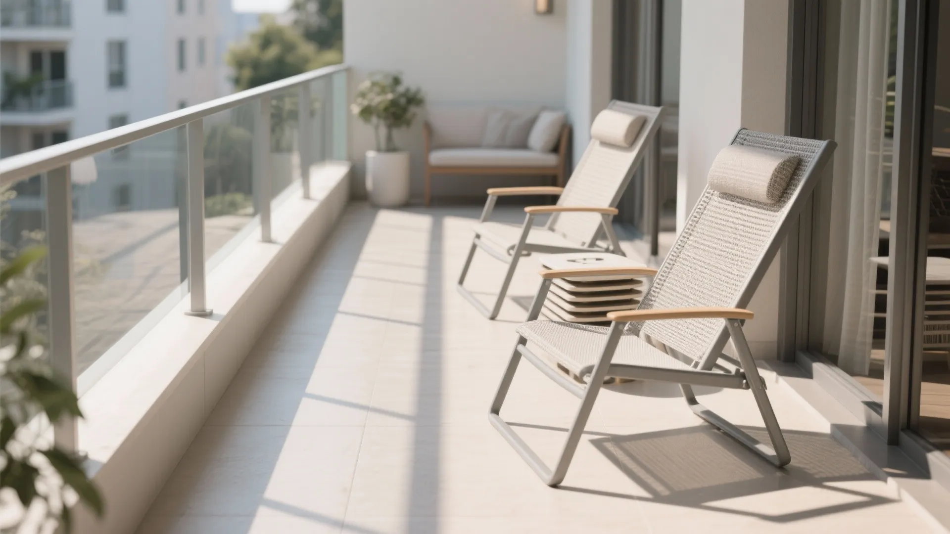 Slim lounge chairs and nesting side tables