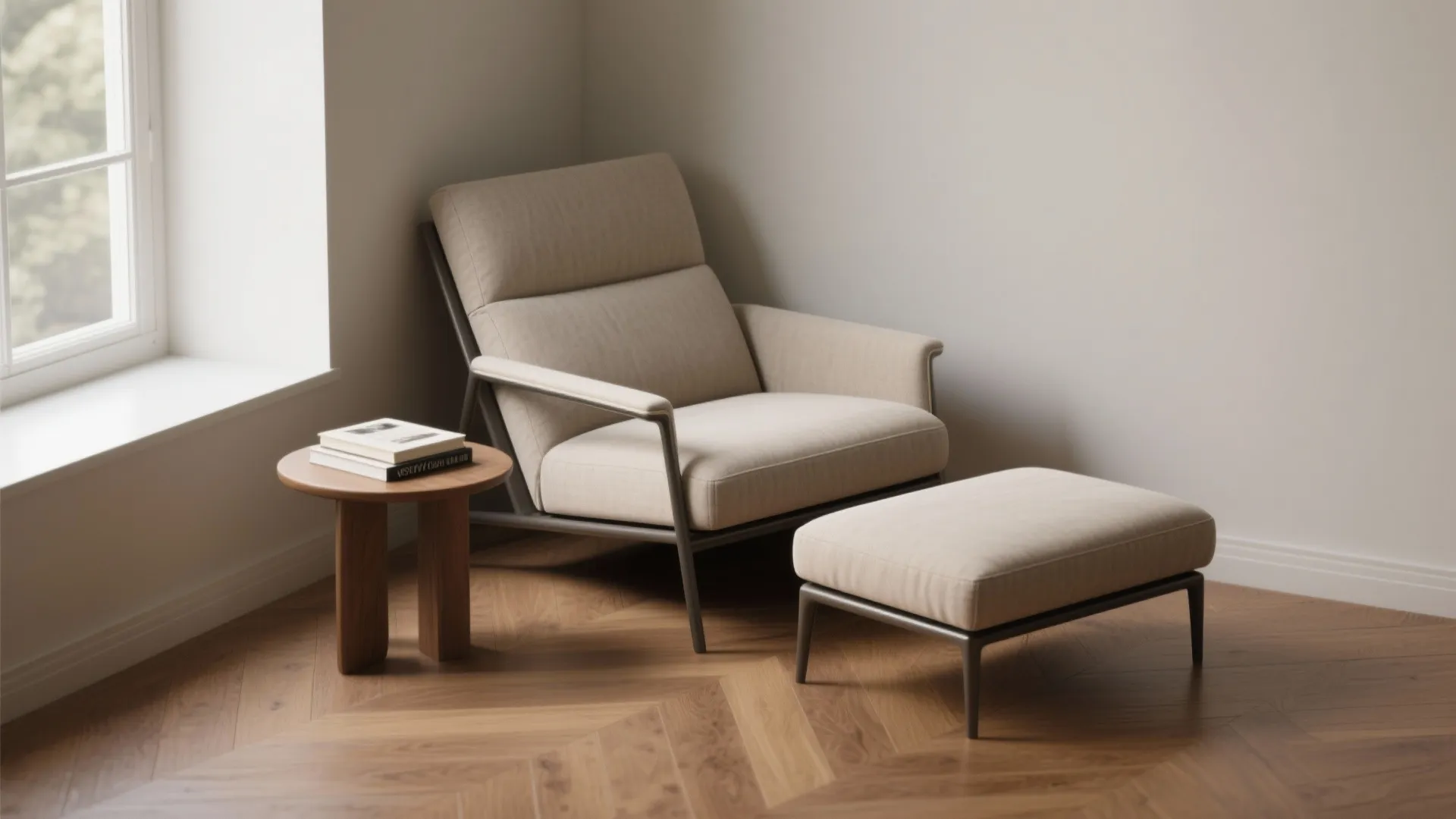 1. Slim-profile lounge chair with a built-in ottoman