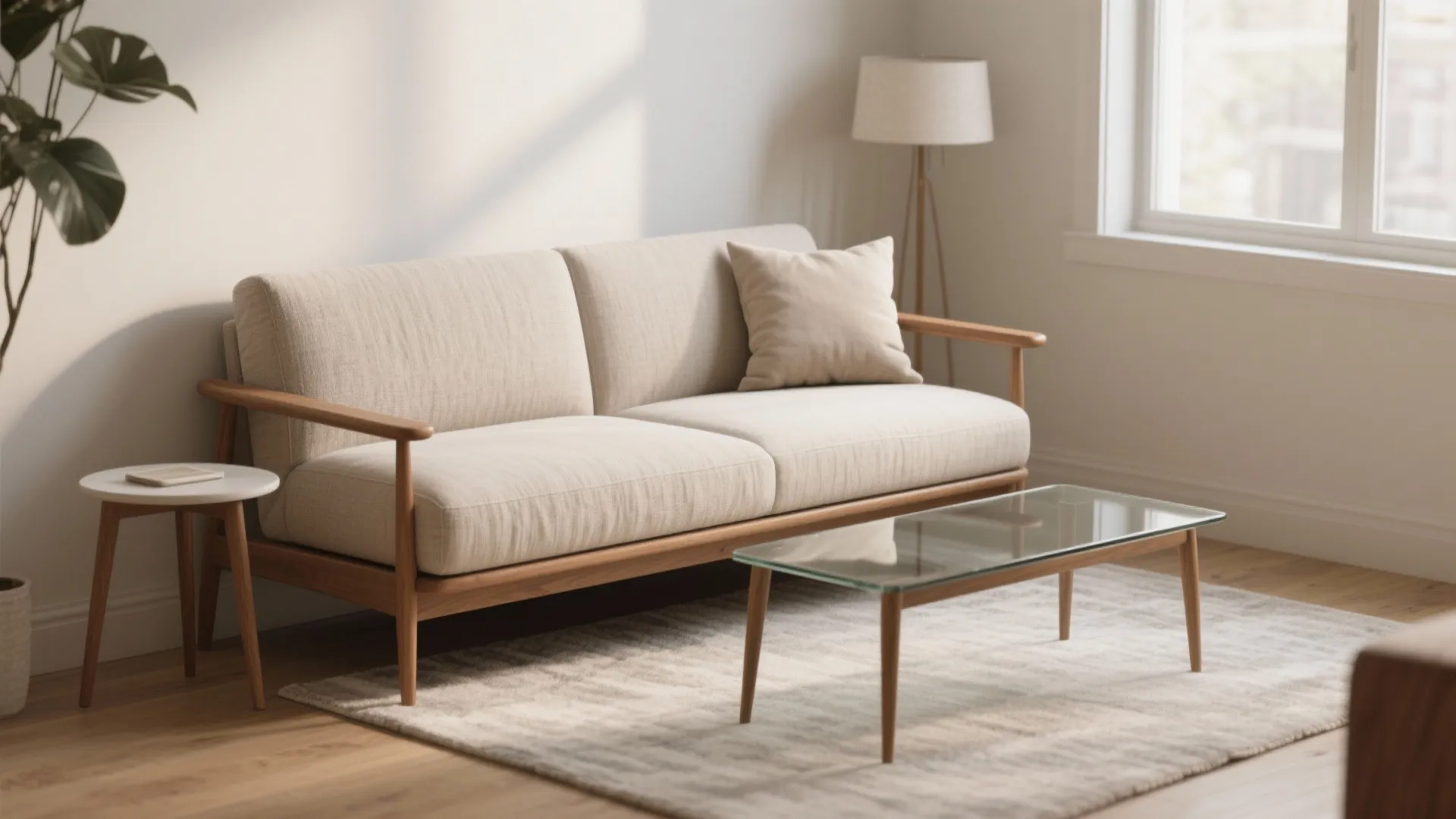 Modern living room with cream sofa glass coffee table floor lamp wooden flooring and plant