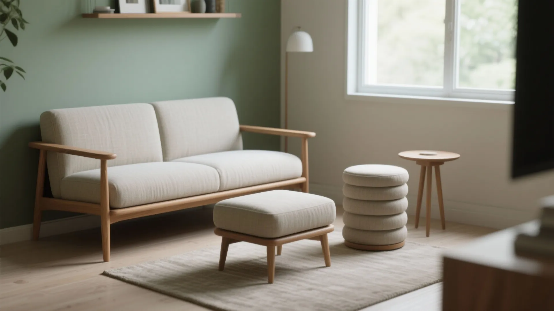 Minimalist living room with beige sofa, wooden footrest, green wall, side table, rug, and window