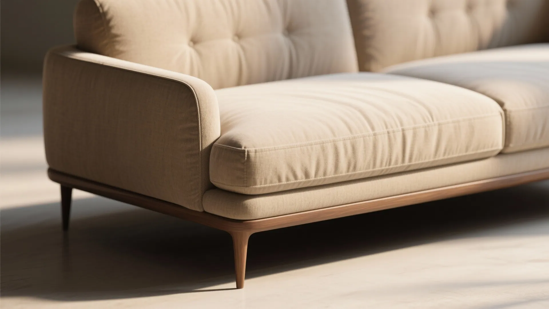 Modern cream fabric sofa with wooden legs and tufted backrest in a bright sunny room
