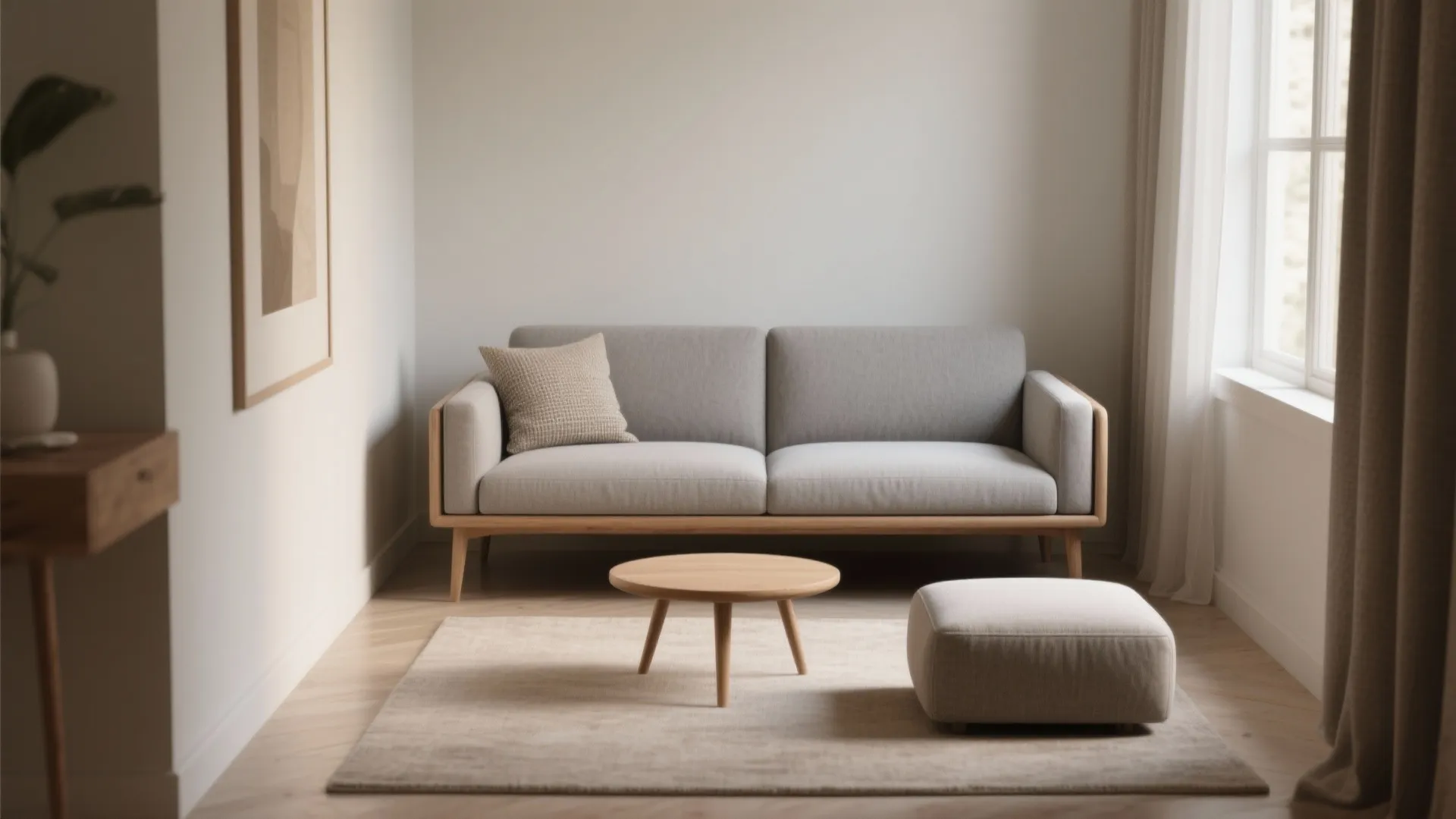 Minimalist grey sofa with wooden frame round coffee table and matching footrest on beige rug