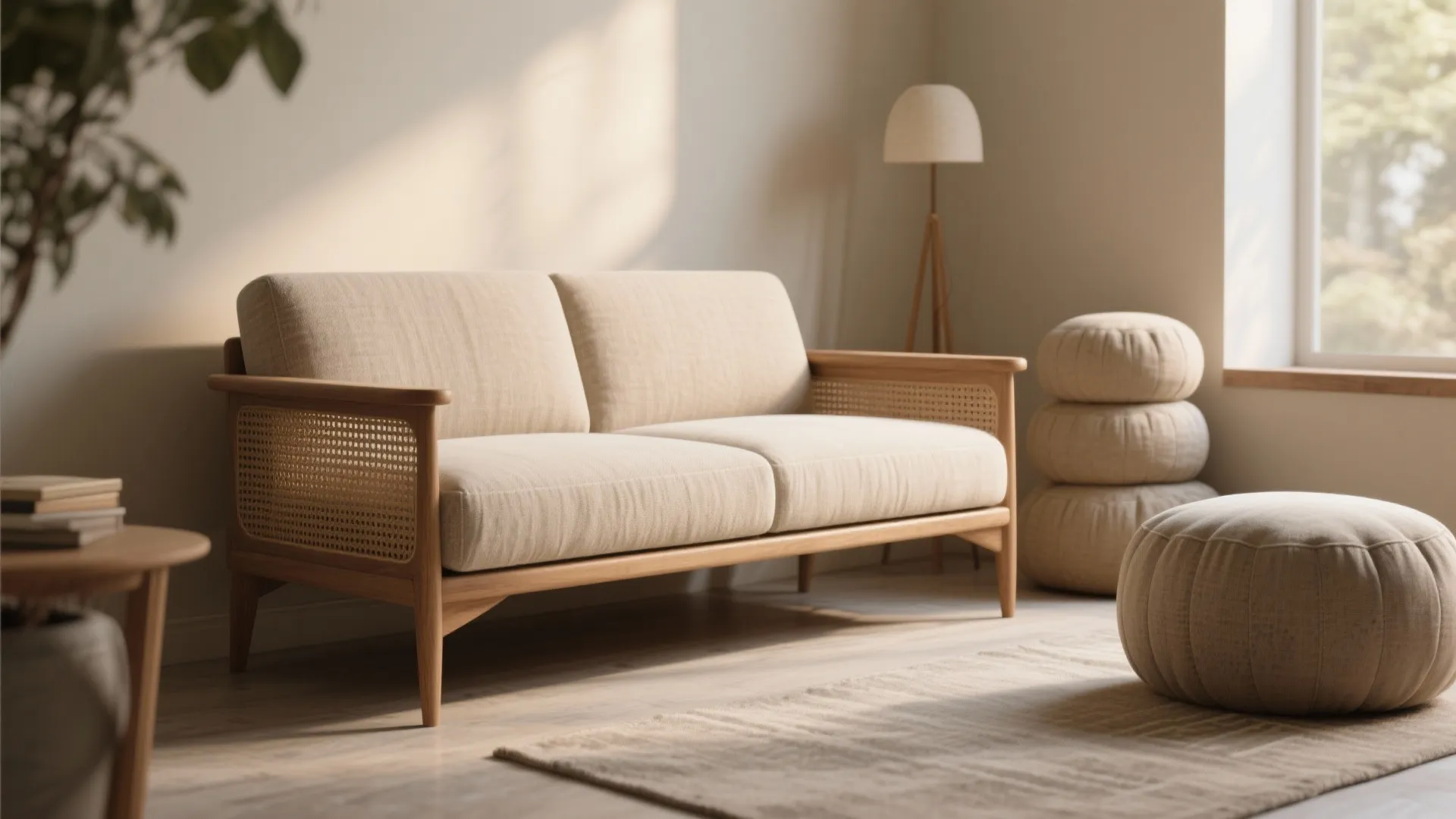 Modern wood frame sofa with beige cushions next to a floor light and round footrest