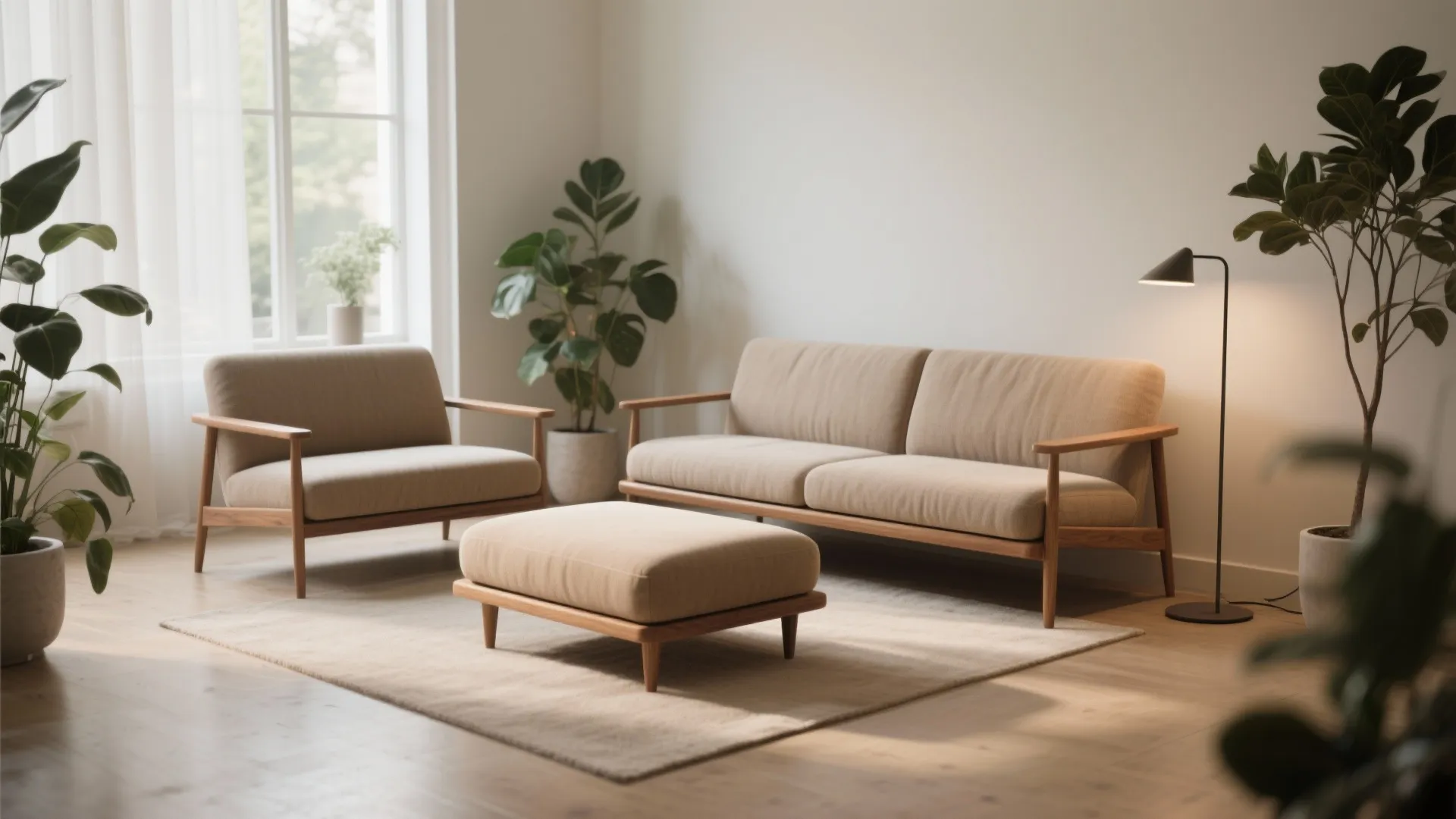 Slim two-seat loveseat with exposed legs and tucked ottoman in a small living corner with plants