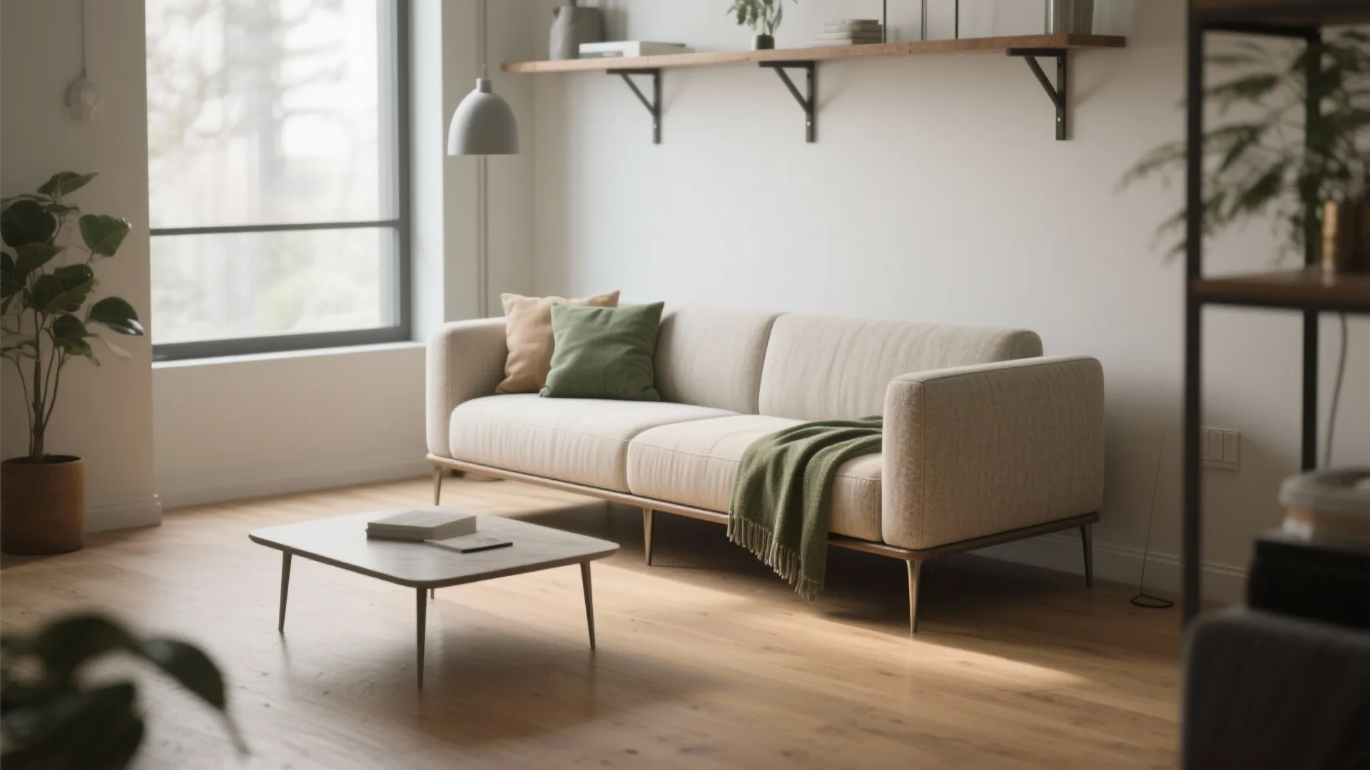 Modern living room with beige sofa green pillows wood floor marble coffee table and shelf