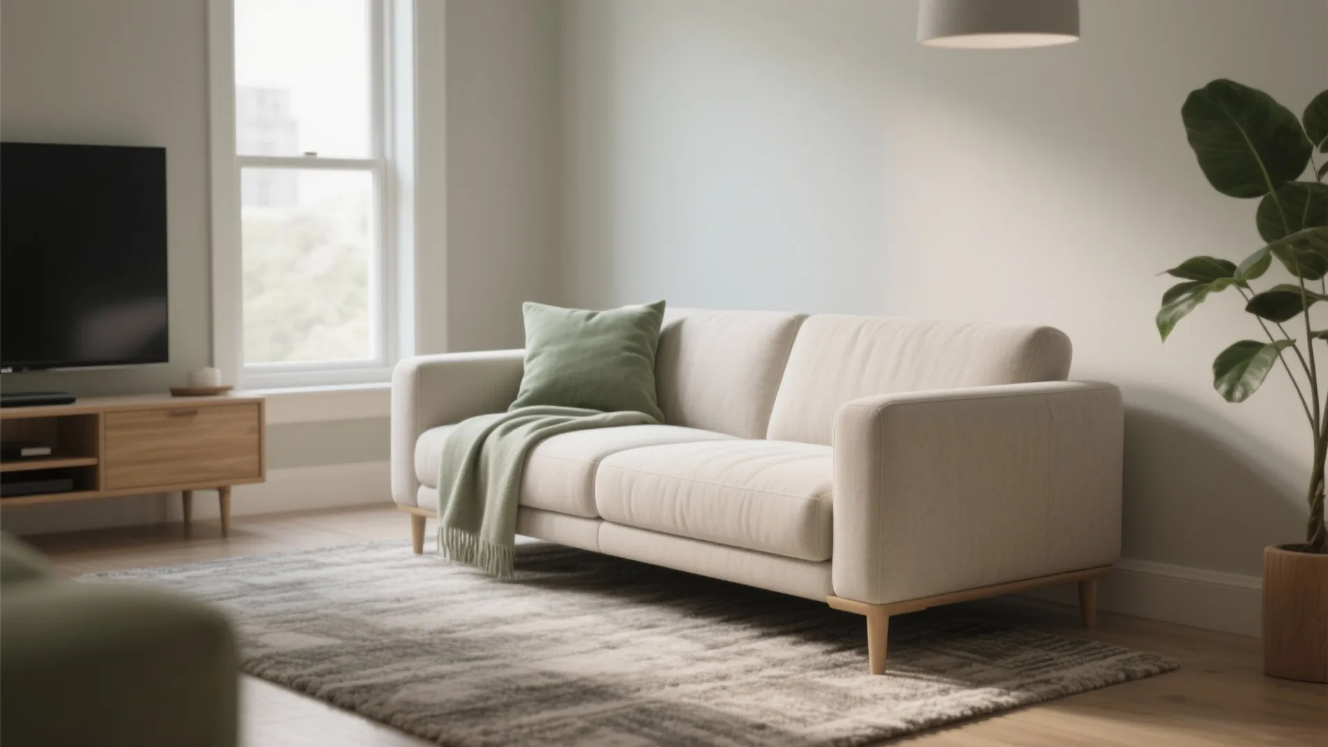 Minimalist living room featuring cream sofa with green pillow rug wood tv cabinet and indoor plant