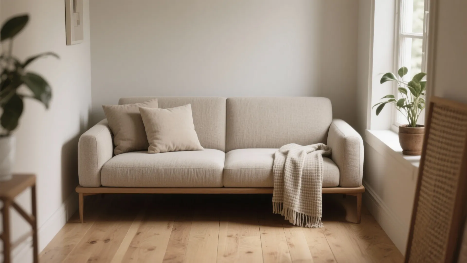 Modern beige sofa with throw pillows and blanket on wooden floor next to bright window