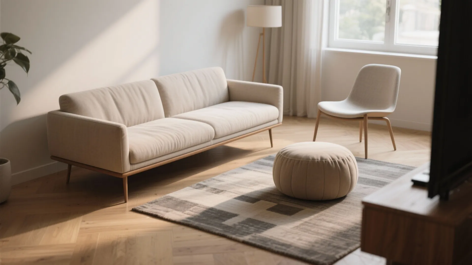 Narrow-arm, high-leg loveseat in a small living room with a pouf and clear walking space.