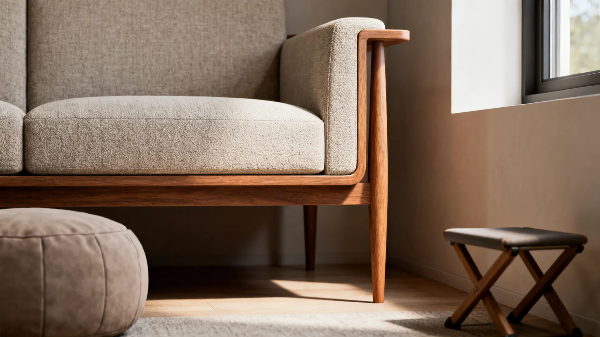 Slim-profile loveseat with tapered legs beside a window in a narrow living room