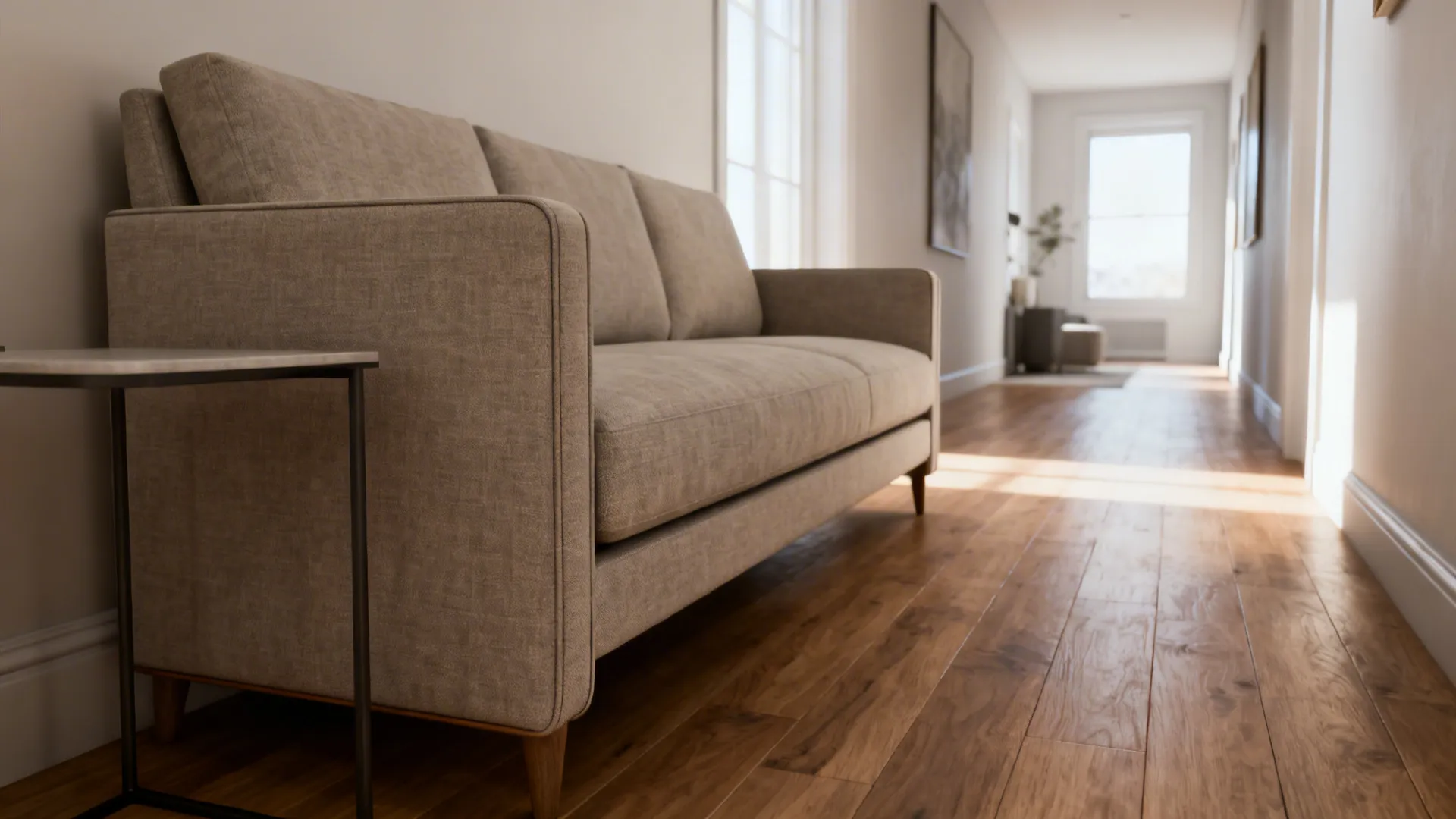 Beige fabric sofa on wooden floor in bright hallway with natural light from a window