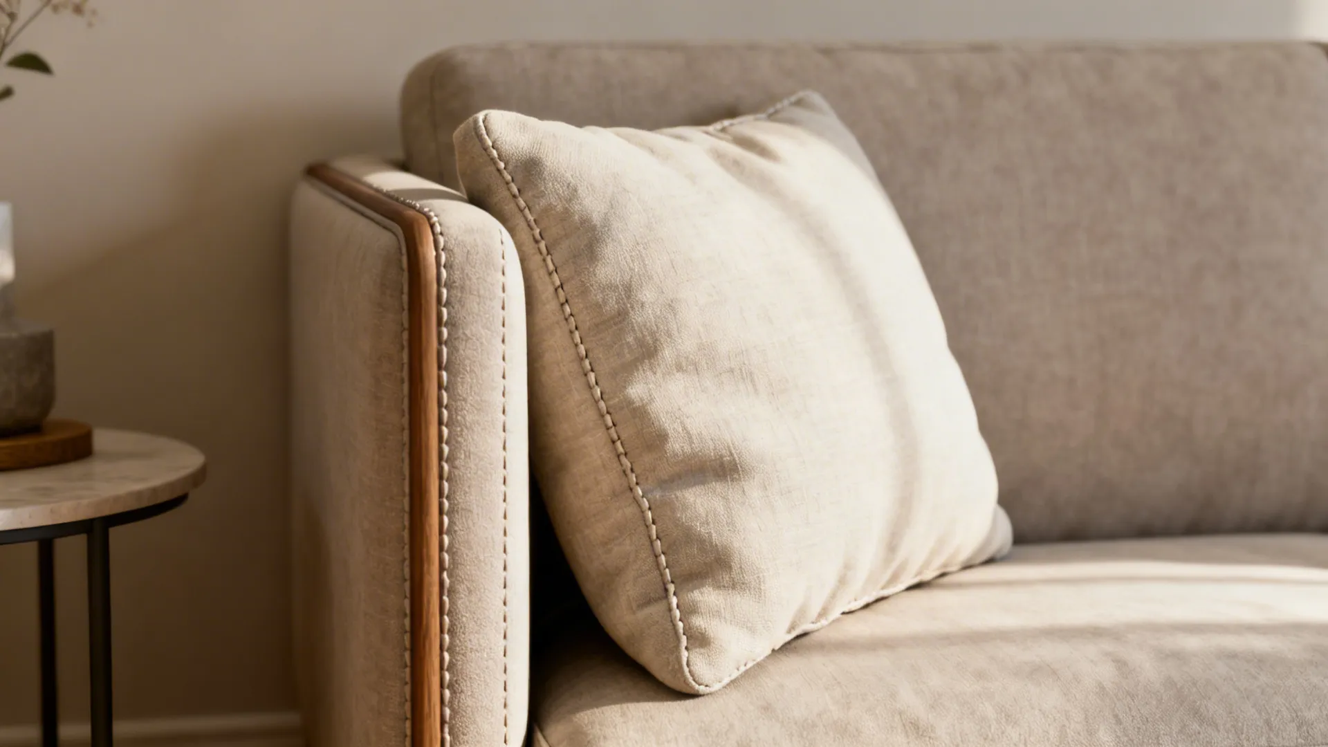 Slim-armed loveseat with a lumbar pillow in a small living room