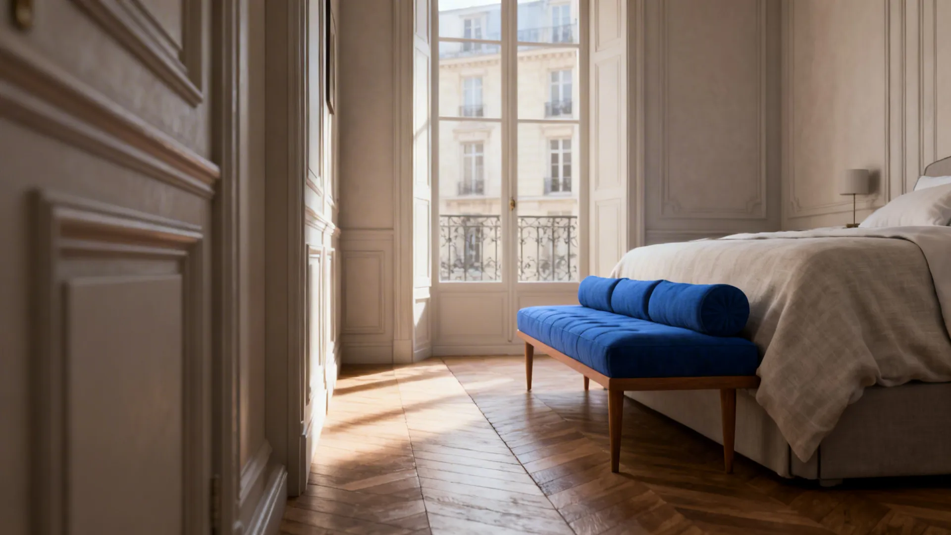 Narrow bedroom featuring a slim loveseat at the bed end preserving pathway