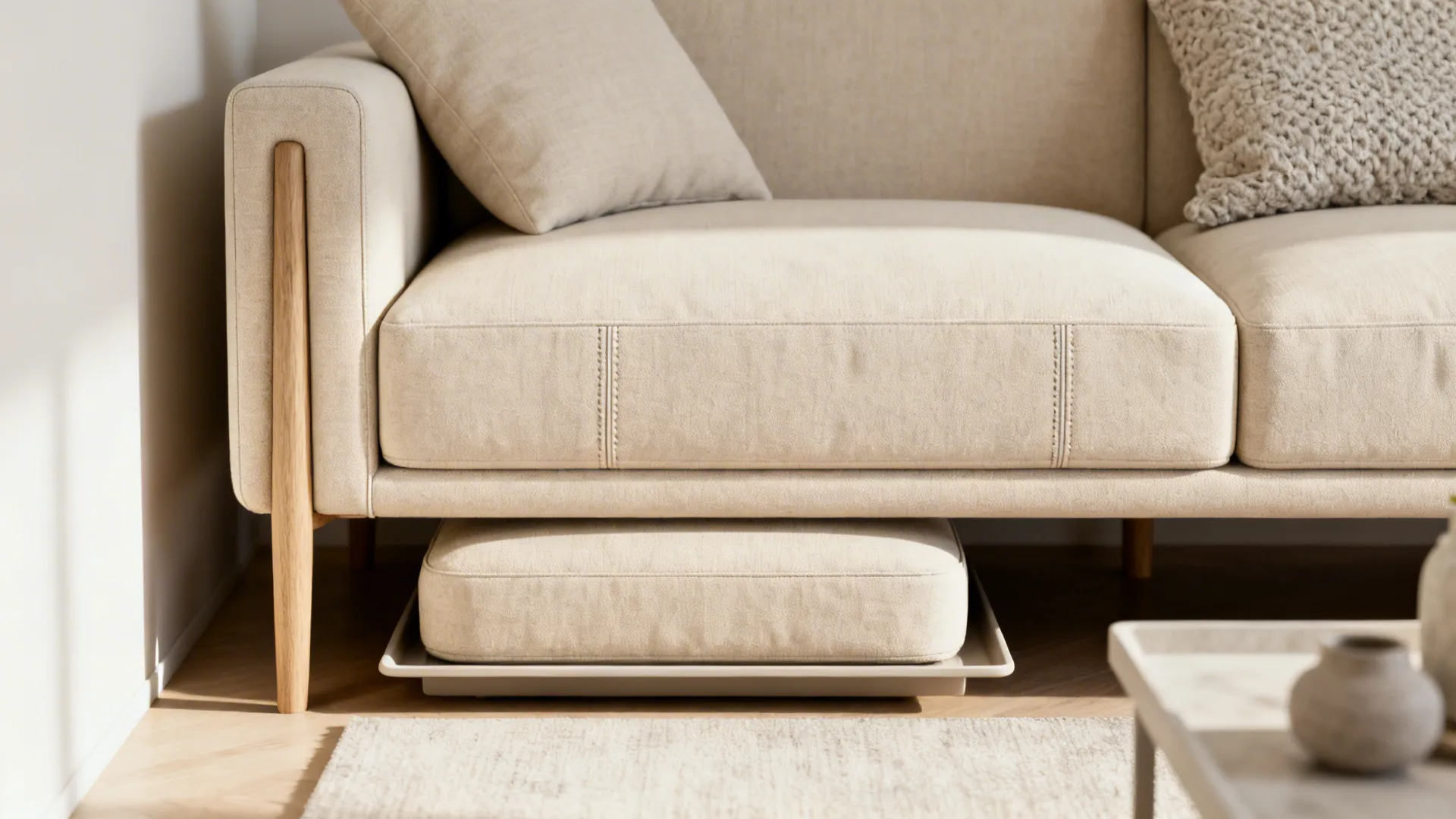 Slim-profile loveseat with a nested ottoman in a neutral small living room corner.