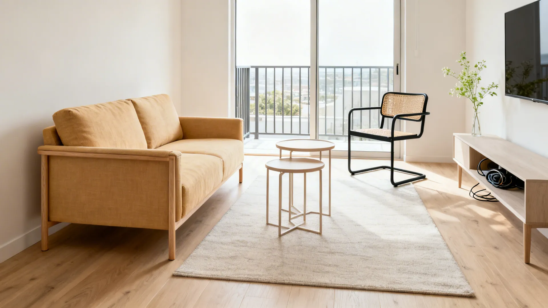 Slim-armed loveseat with an open-frame accent chair creating a wider walkway in a small living room.