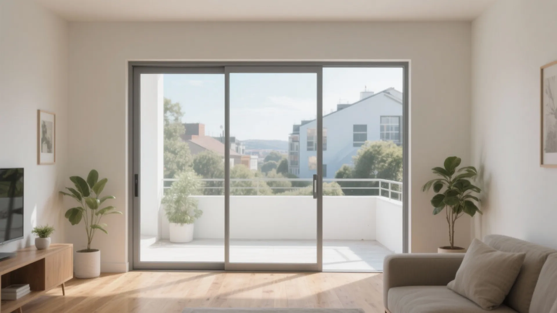Modern living room with grey sofa wooden floor and large sliding glass door leading to balcony