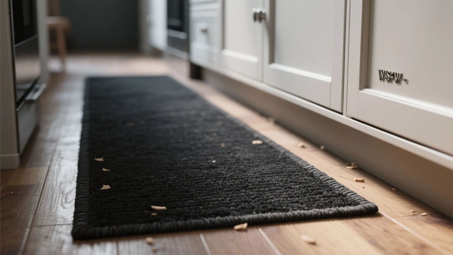 Close-up of a low-pile charcoal runner showing texture and cabinet clearance