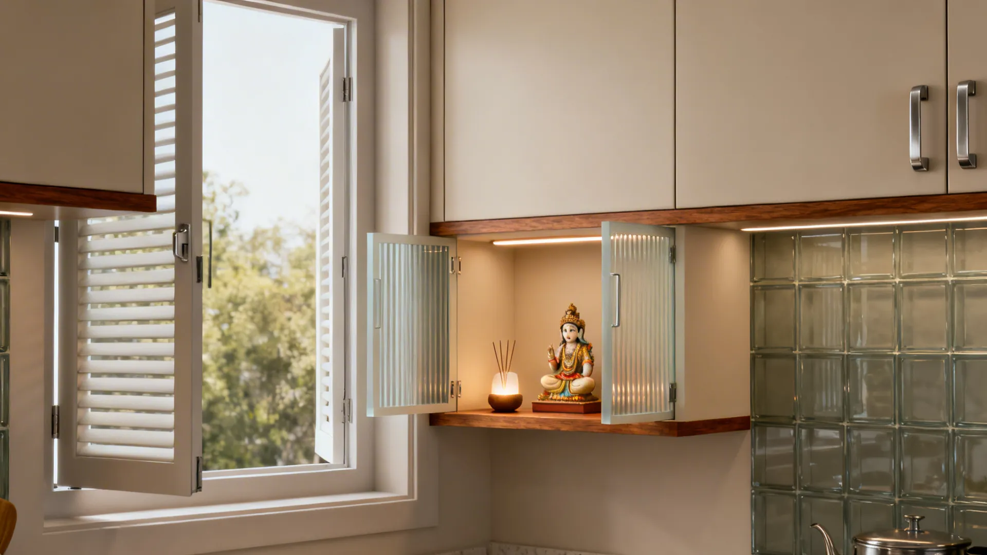 Slim wall-mounted pooja niche by a kitchen window with fluted-glass doors and warm LED lighting.