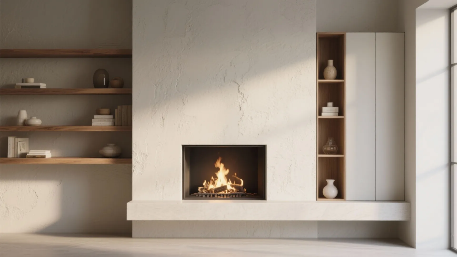 2. Slim Floating Mantel and Vertical Storage