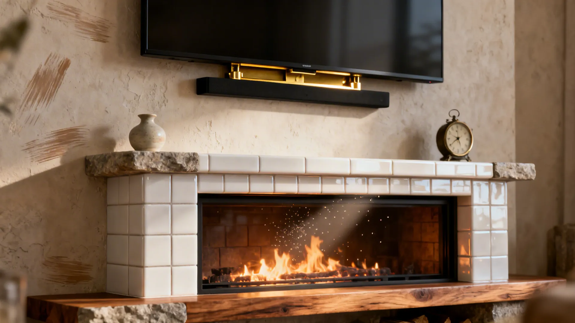 White tile fireplace with wood mantel holding a clock and vase below wall mounted television