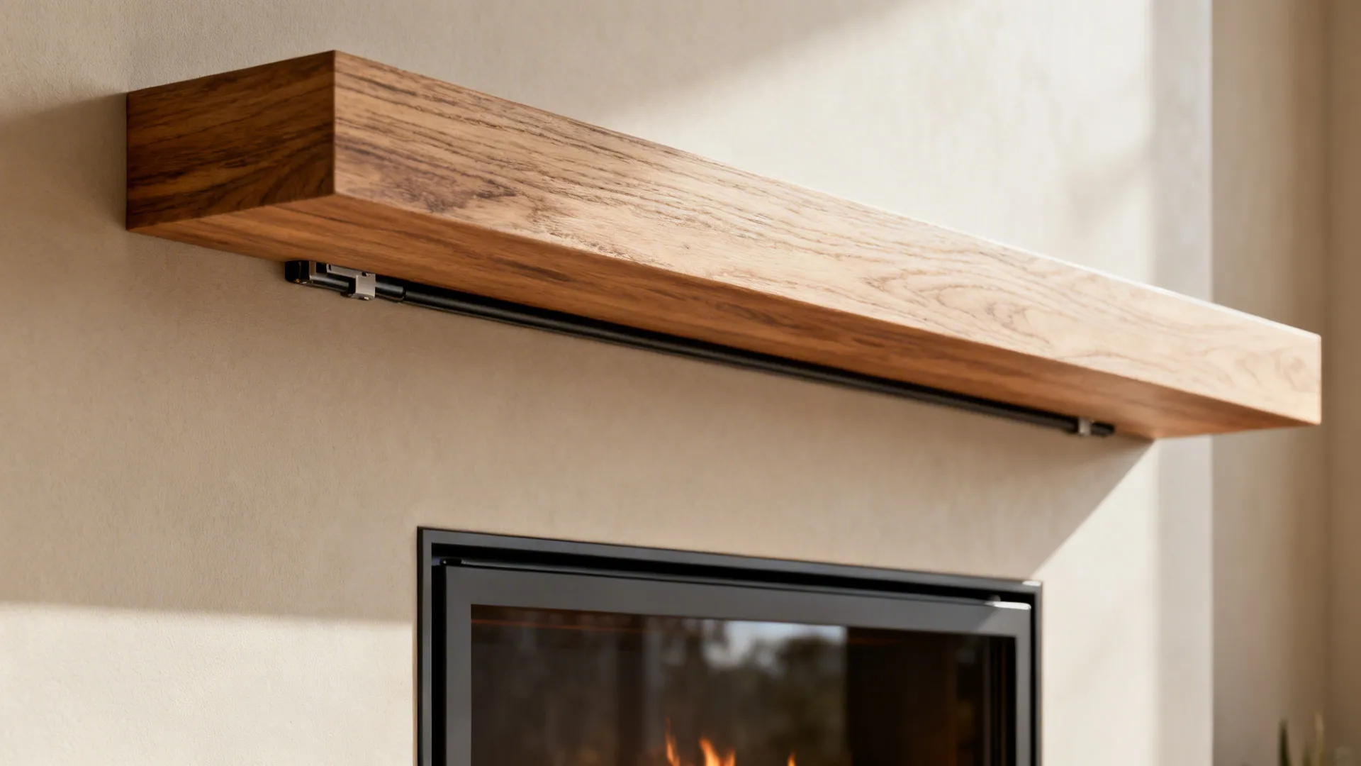 Close-up of a slim floating mantel with hidden mounts above an electric fireplace and concealed cables