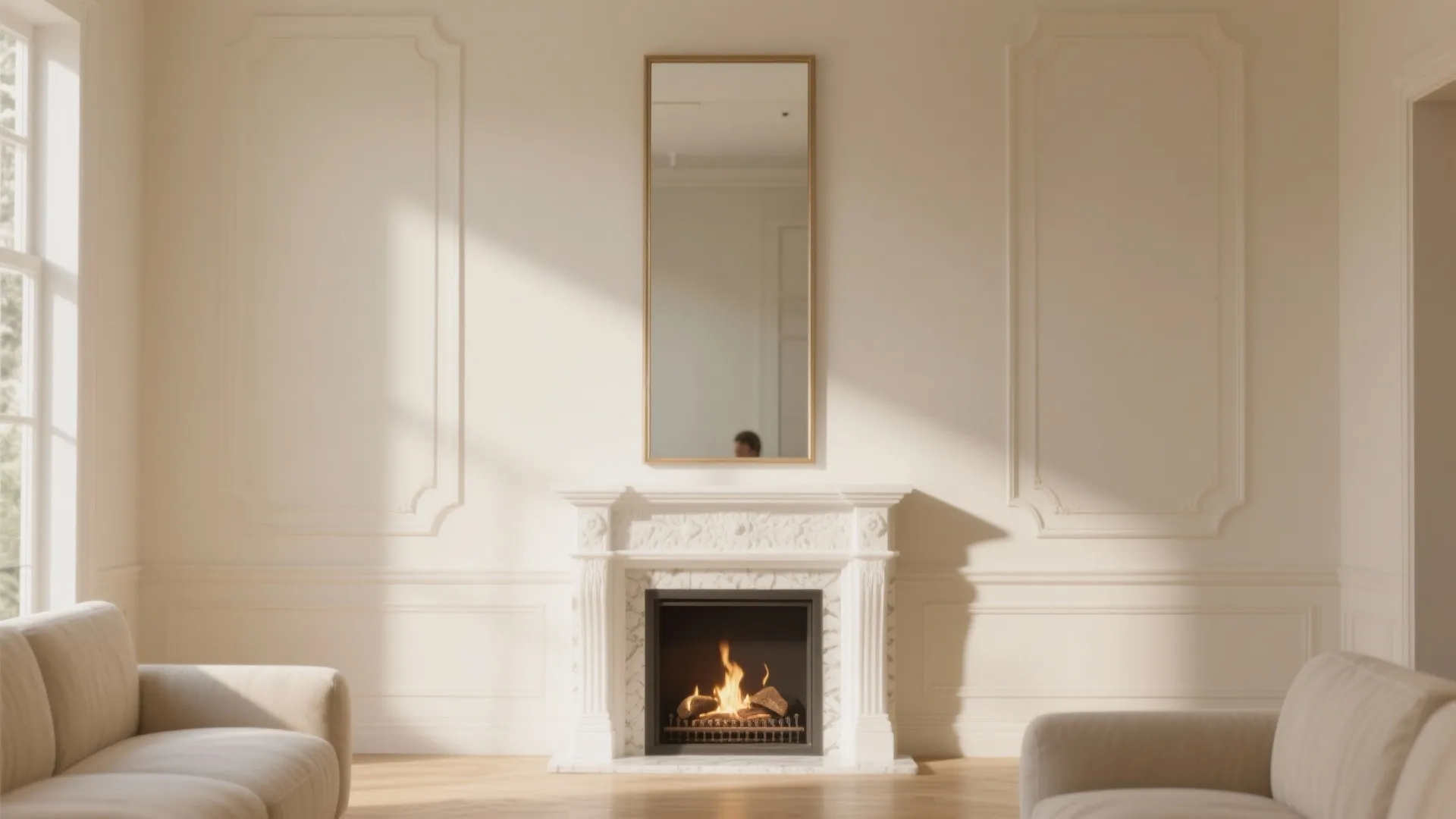 1. Slim mantel, tall mirror above