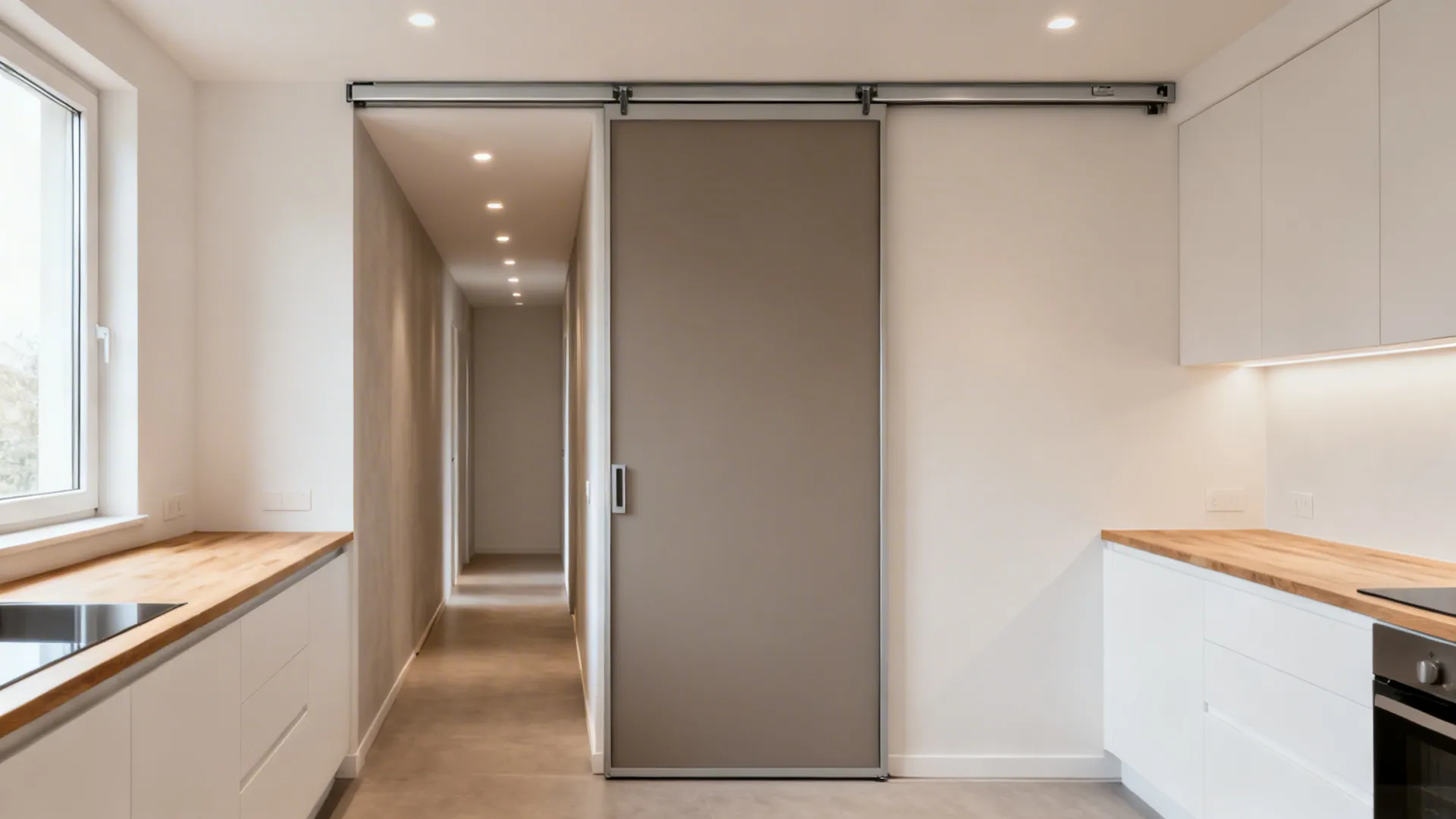 Slim-frame matte PVC sliding kitchen door in a narrow modern galley with neutral finishes.