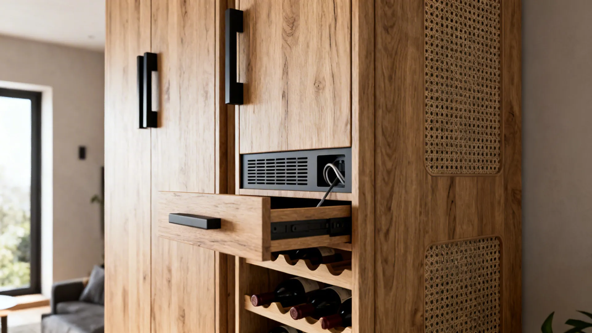 Tall slim media cabinet with ventilation slots and concealed cable access in a small apartment.