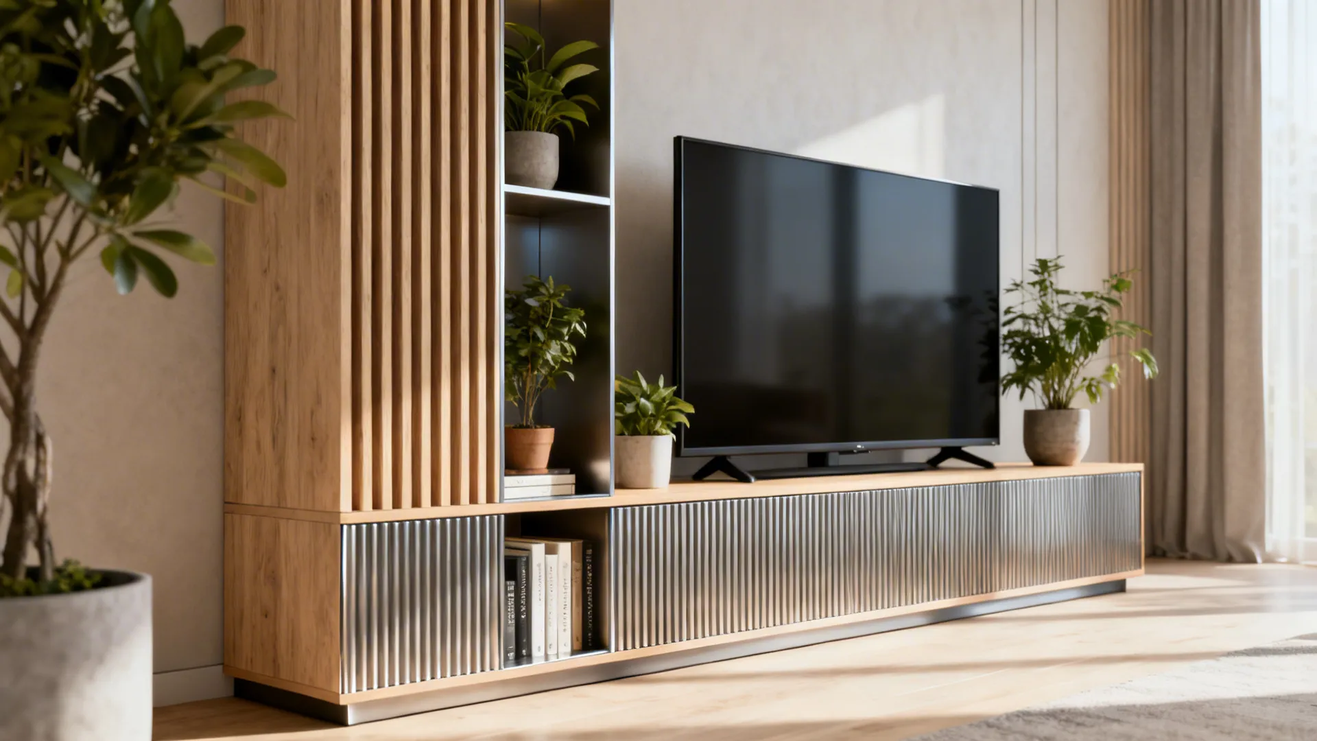 Modern slim media cabinet with metal doors and wooden top holding television and potted plants