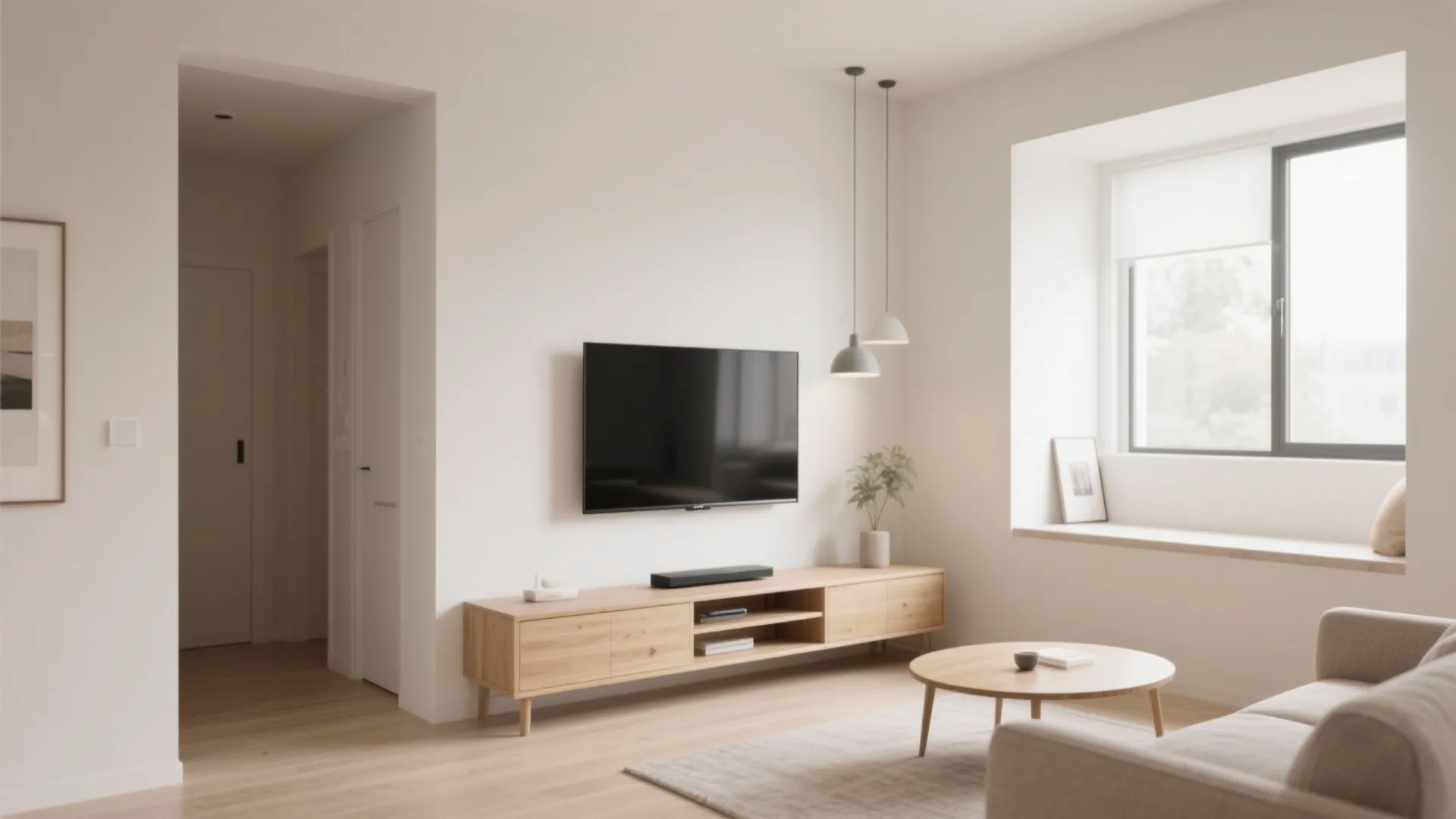 Slim media console under wall-mounted TV in modern living room