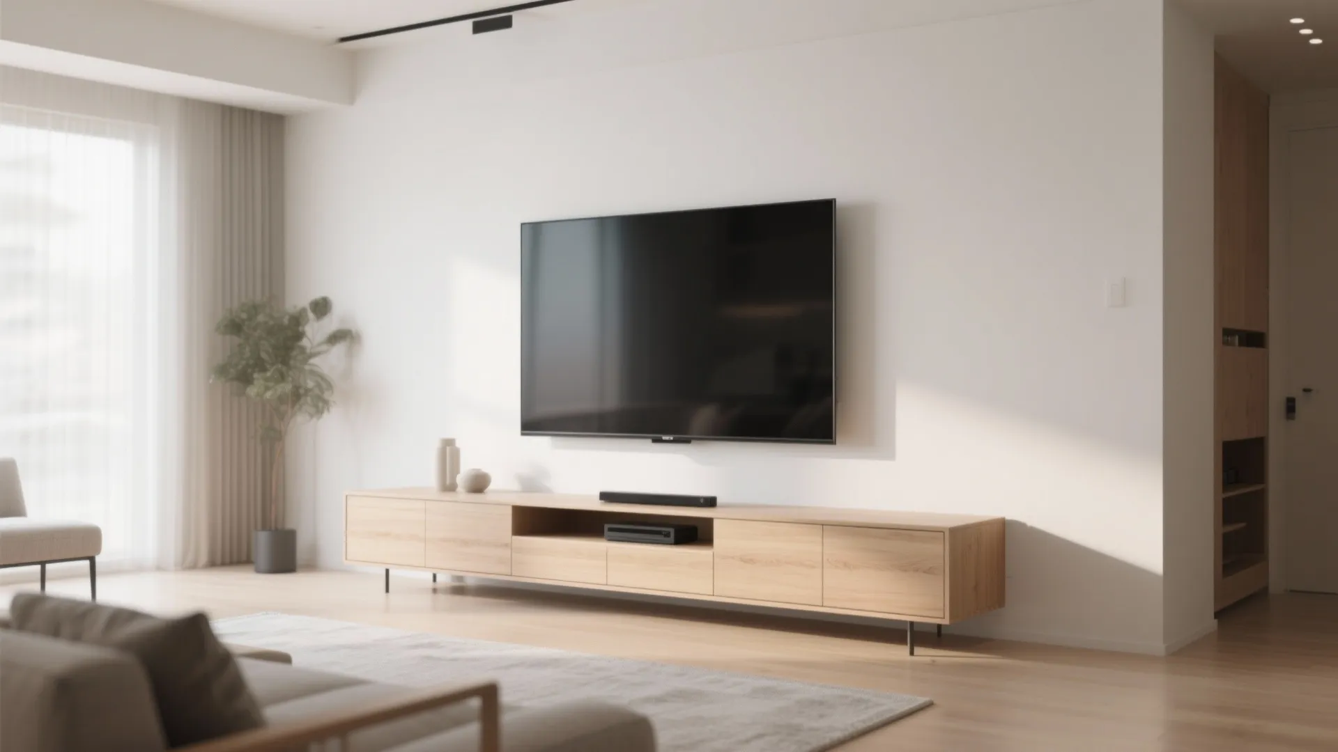 Slim low-profile media console under mounted TV in modern living room