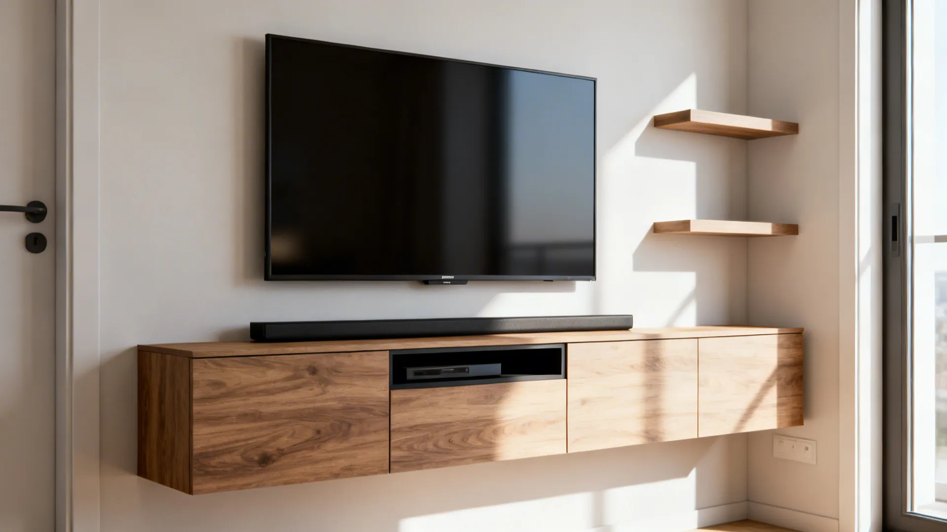 Slim wall-hung media console with floating shelves in a compact modern living room