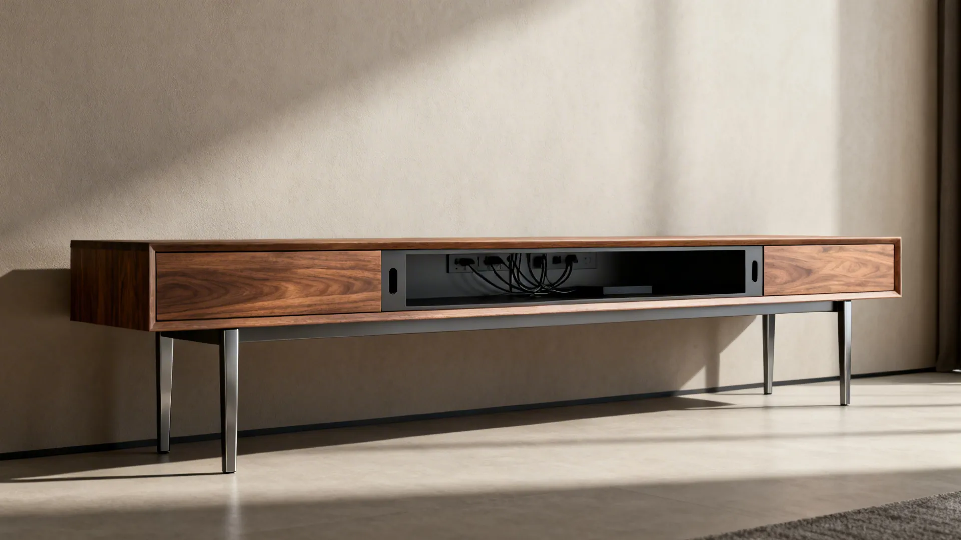Slim-profile media console with wood fronts and metal legs in a modern living room