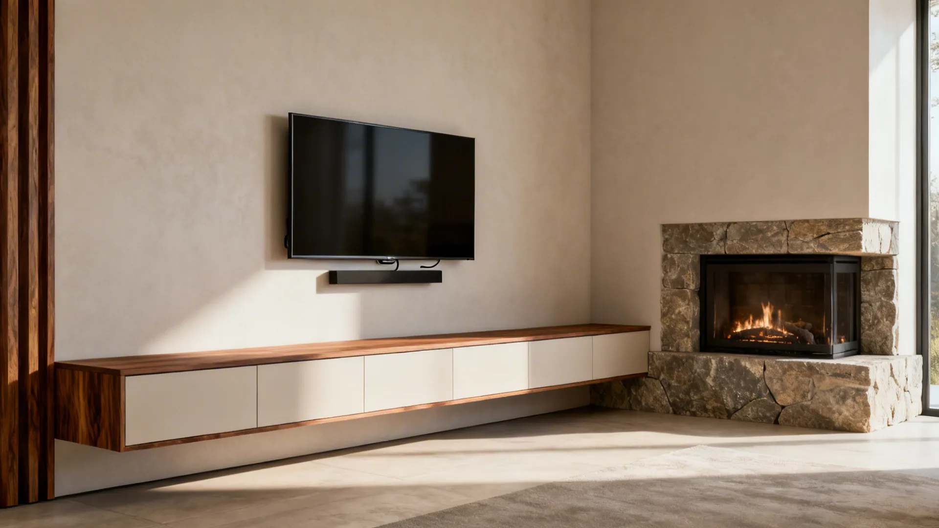 Low-profile media console and wall-mounted TV beside a corner fireplace keeping the hearth dominant.