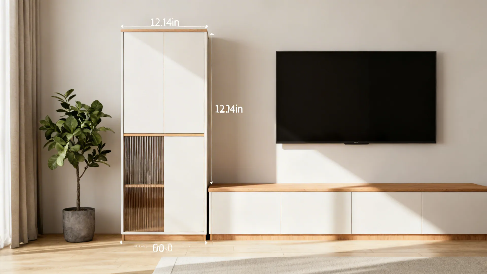 Small living room TV wall with a slim console and a tall narrow media tower balanced by a plant.
