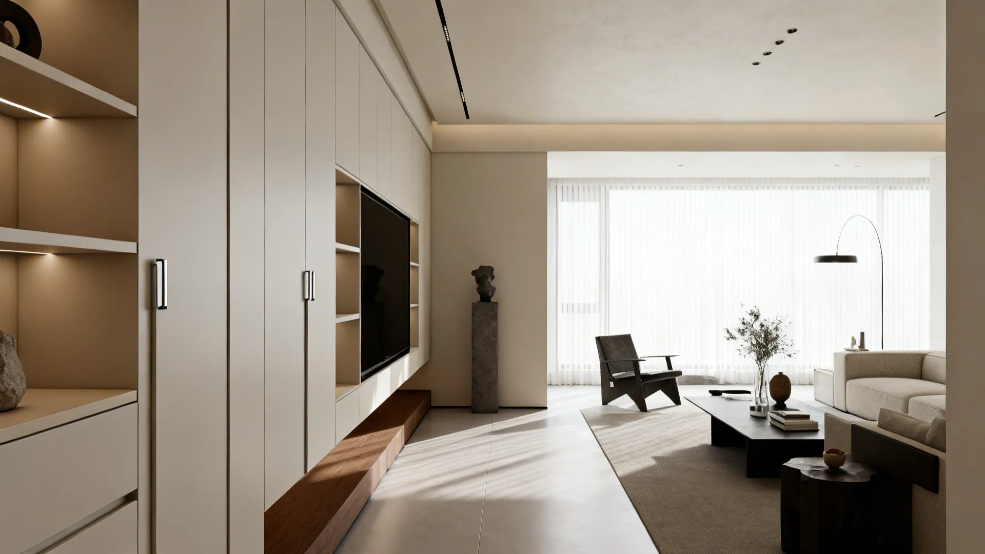 Slim floor-to-wall media unit with shallow cabinets and open niches in a narrow living room.