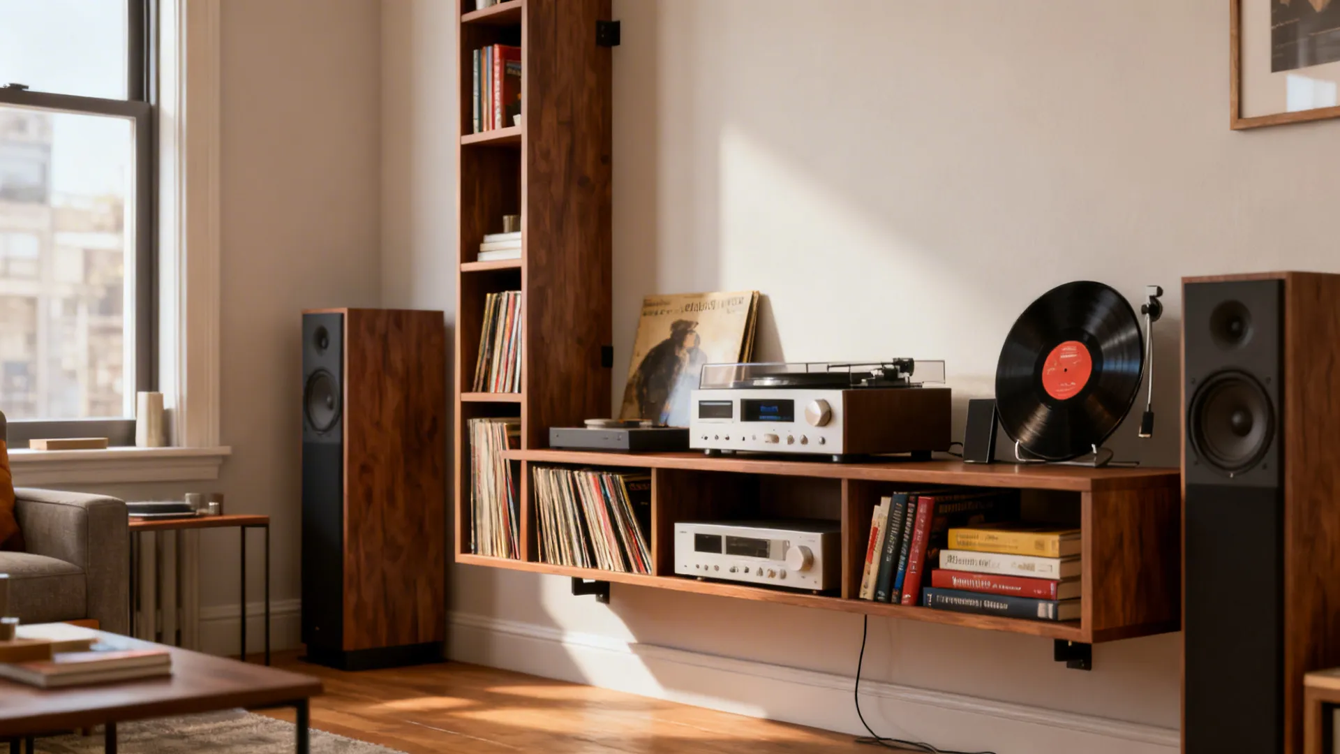 Slim-profile media console with tall shelving holding vinyl records and books in a small living area.