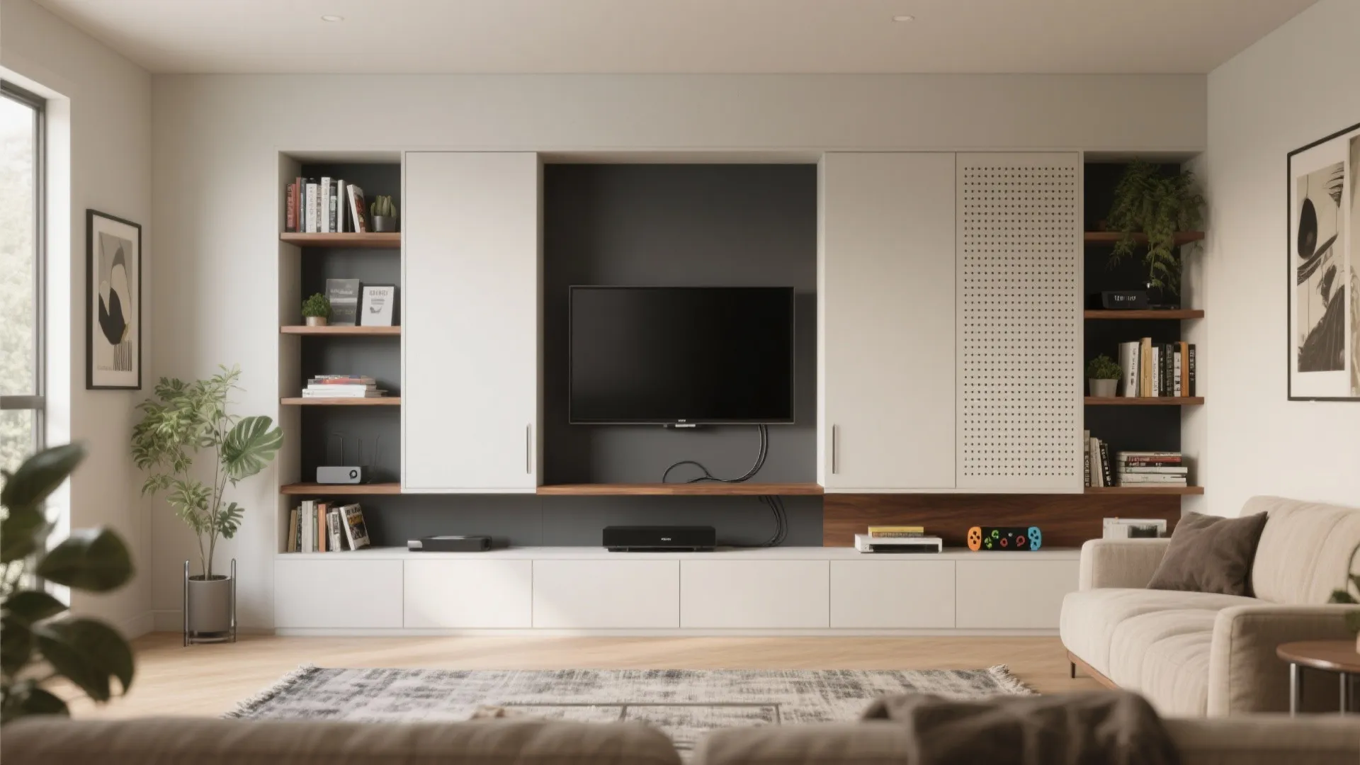 Build a slim media wall with hidden storage