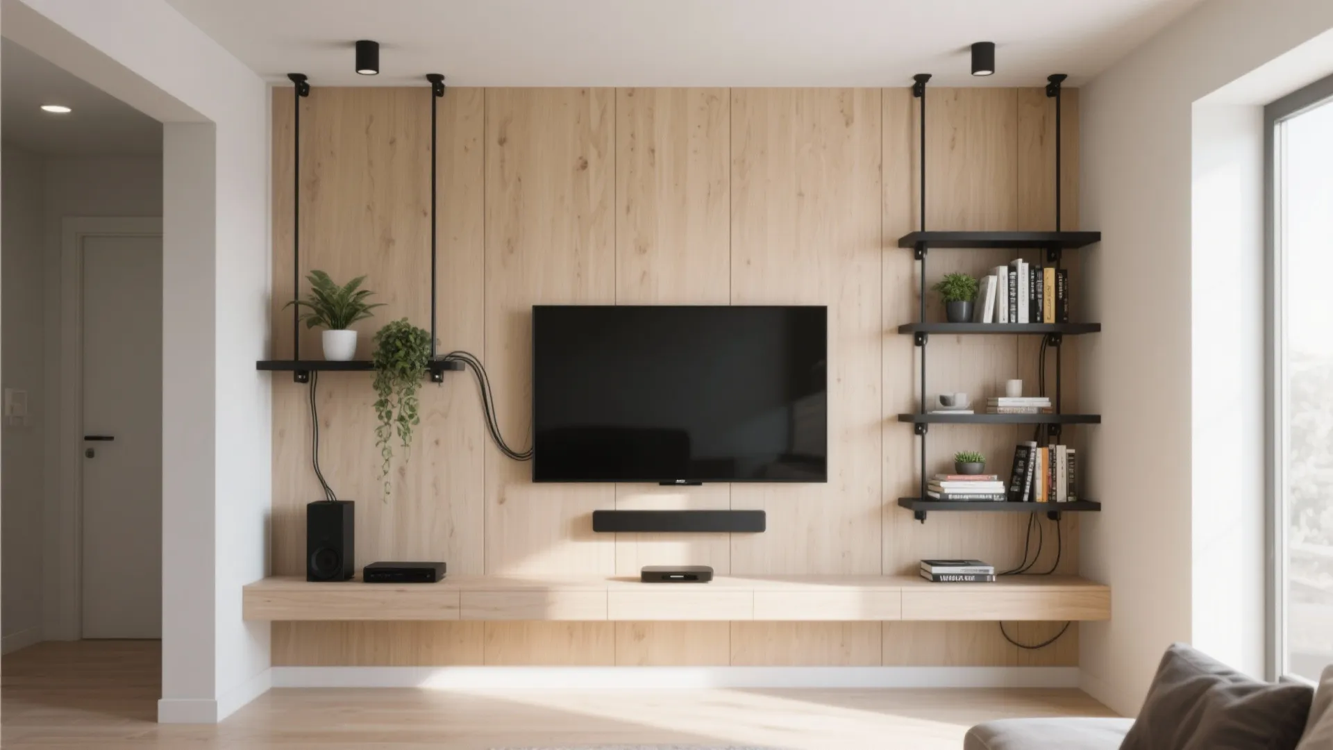 Living room media wall with wooden paneling black wall shelves television soundbar and green plants