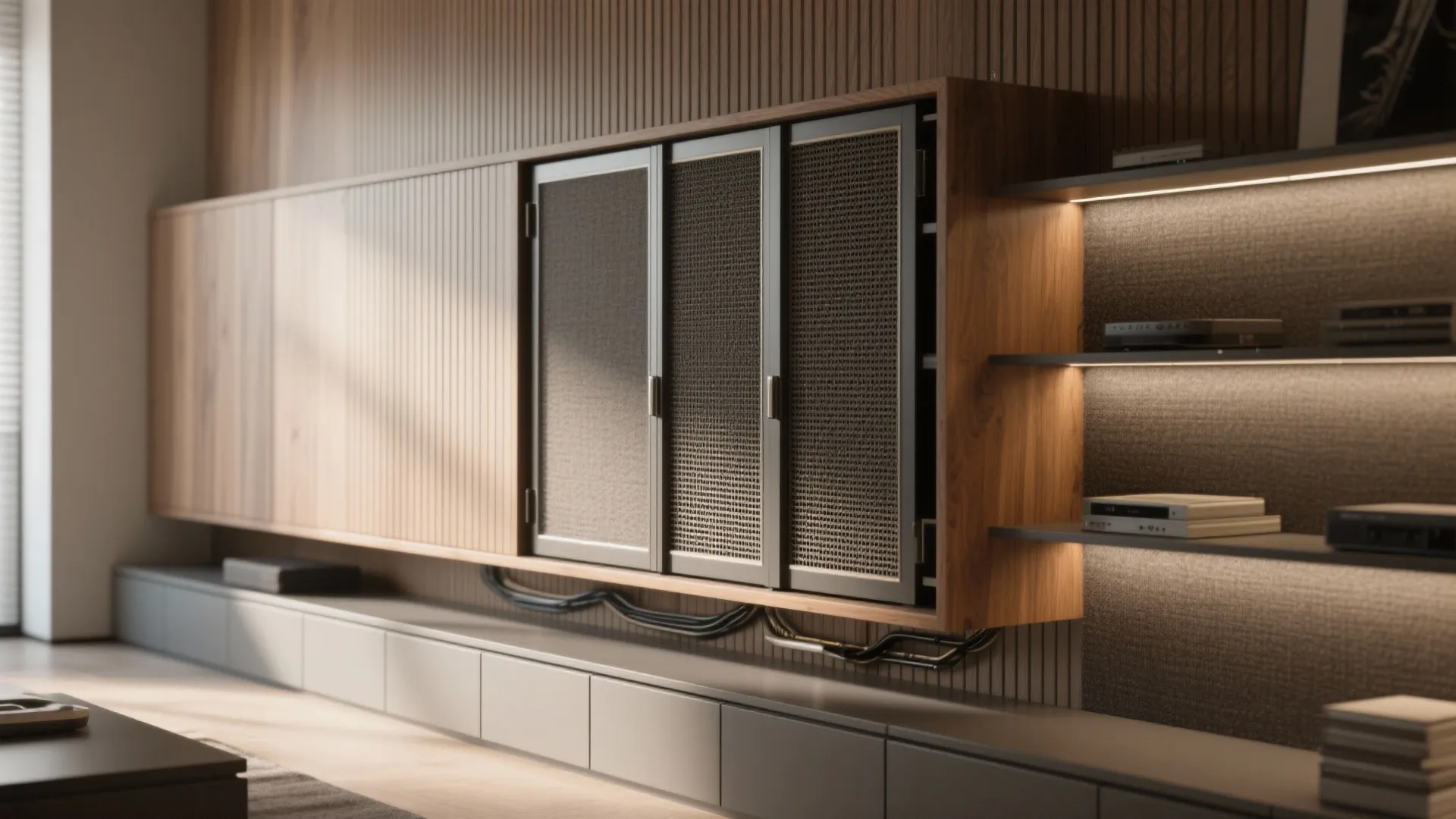 Slim media wall and built-ins to hide clutter