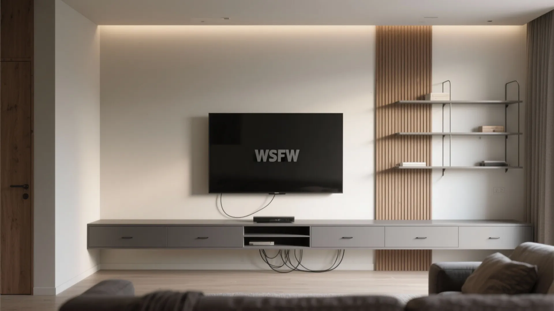 2. Slim-profile media wall with hidden storage