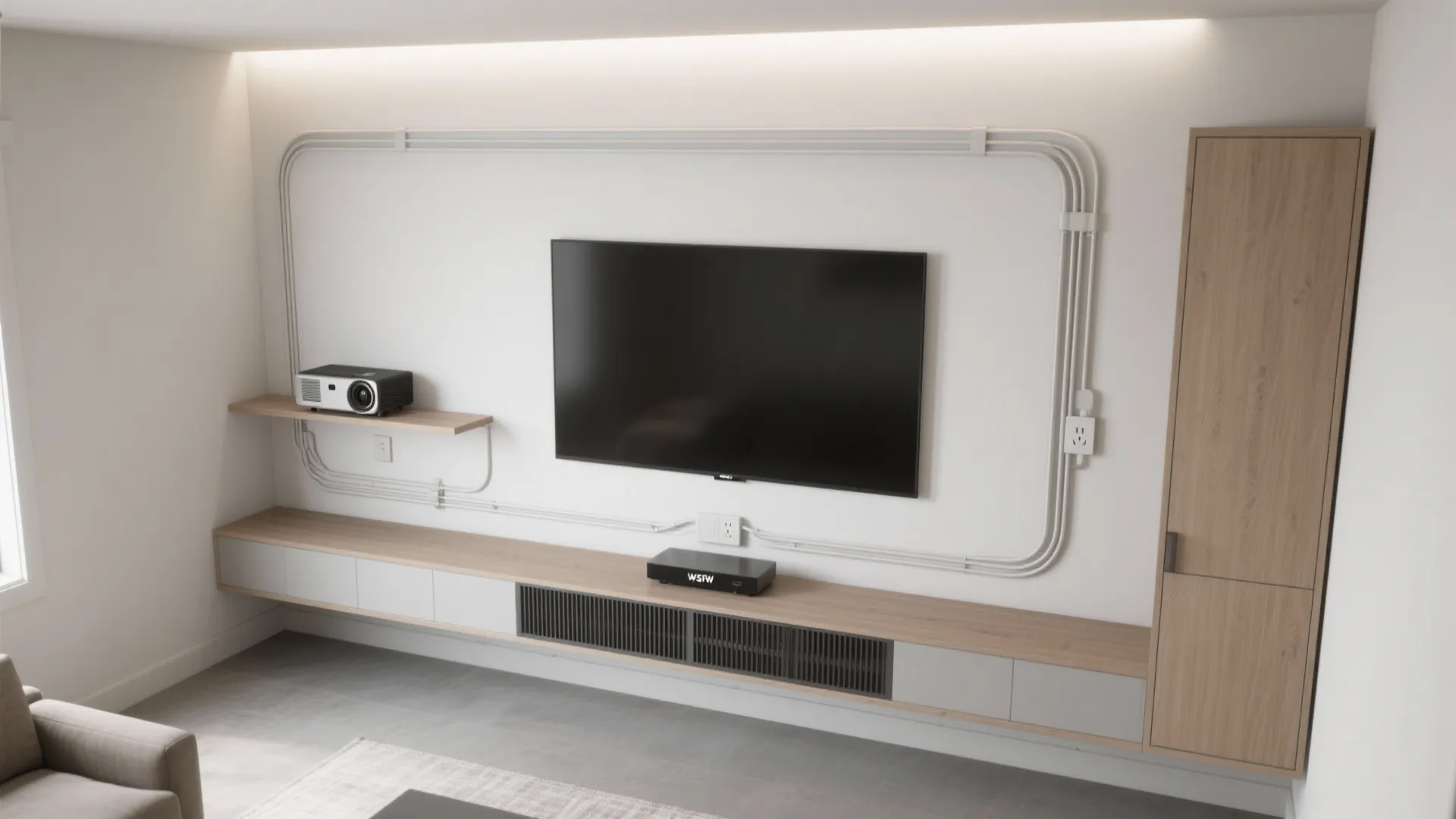 Wall mounted television with white cable covers projector on wooden shelf and modern floor cabinet