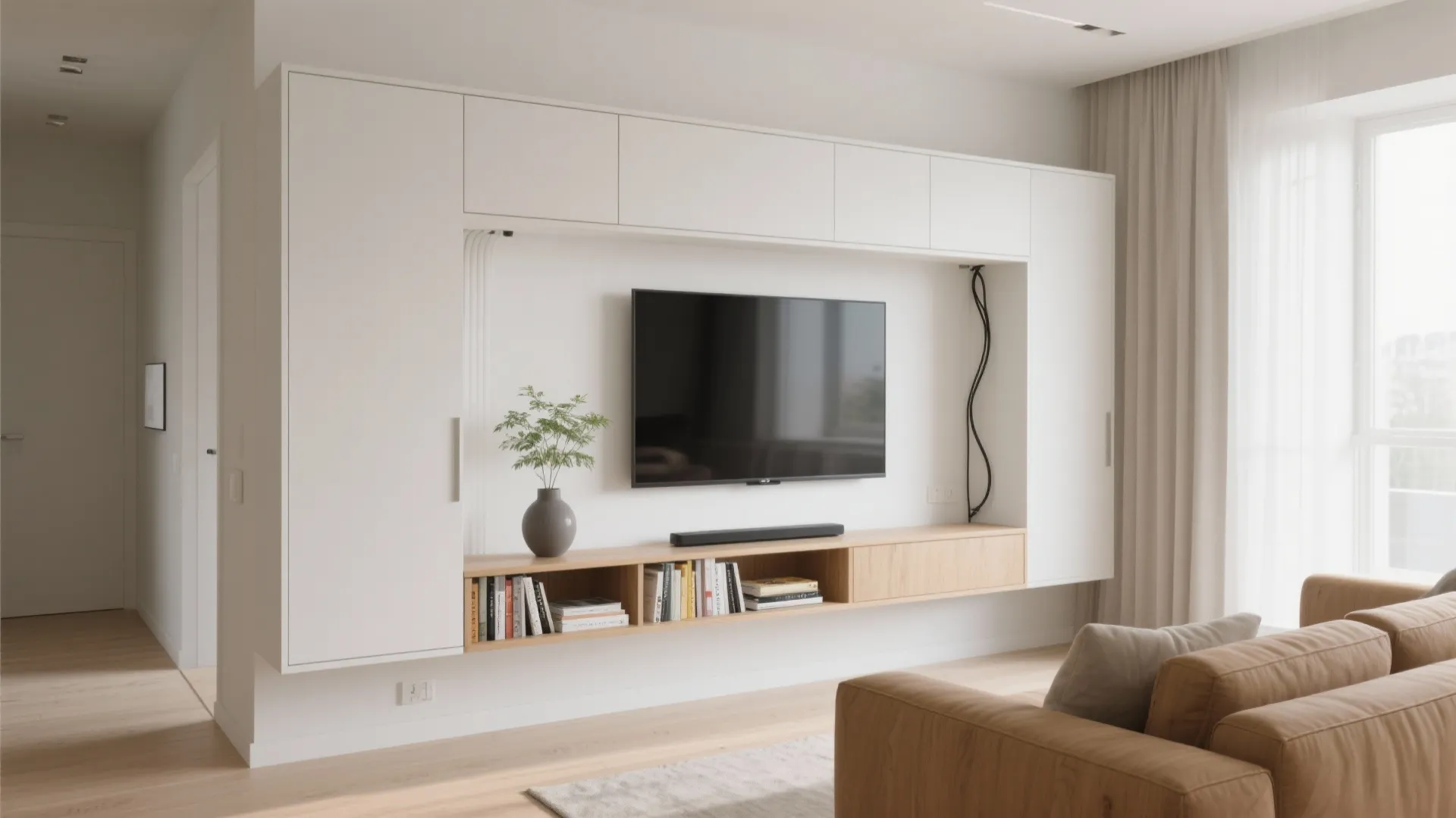 3) Built-in look storage: slim media wall + concealed cabinets