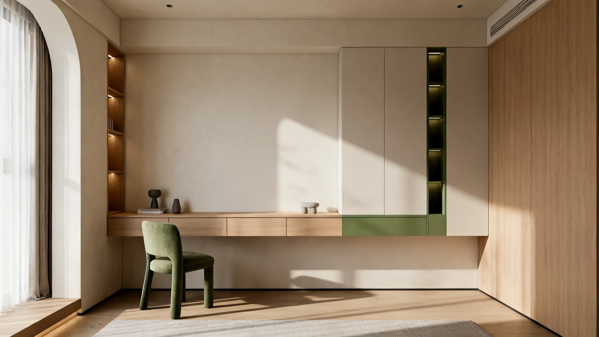 Slim floating media console and vertical shelving in a small living room.